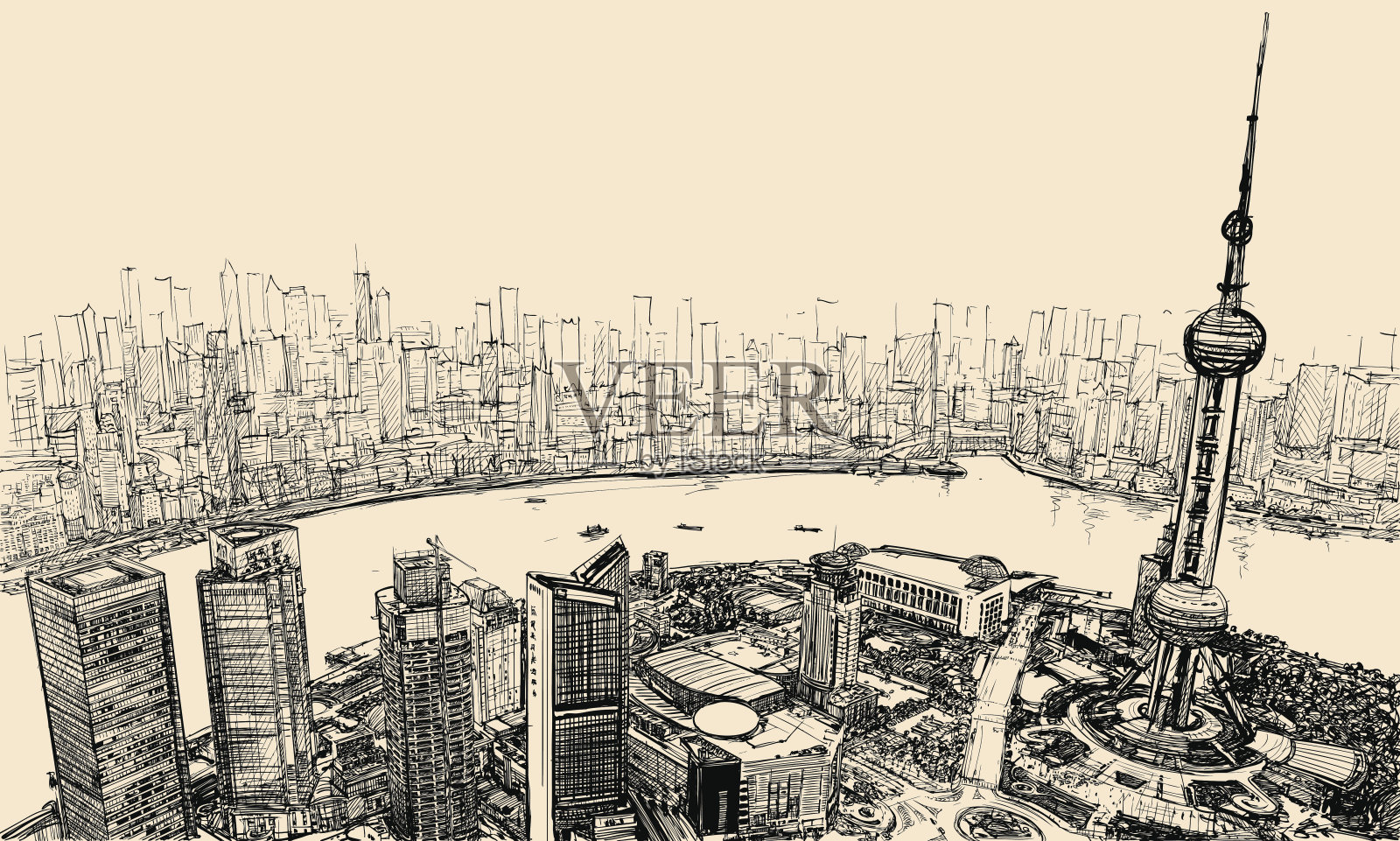 上海——江面鸟瞰图插画图片素材