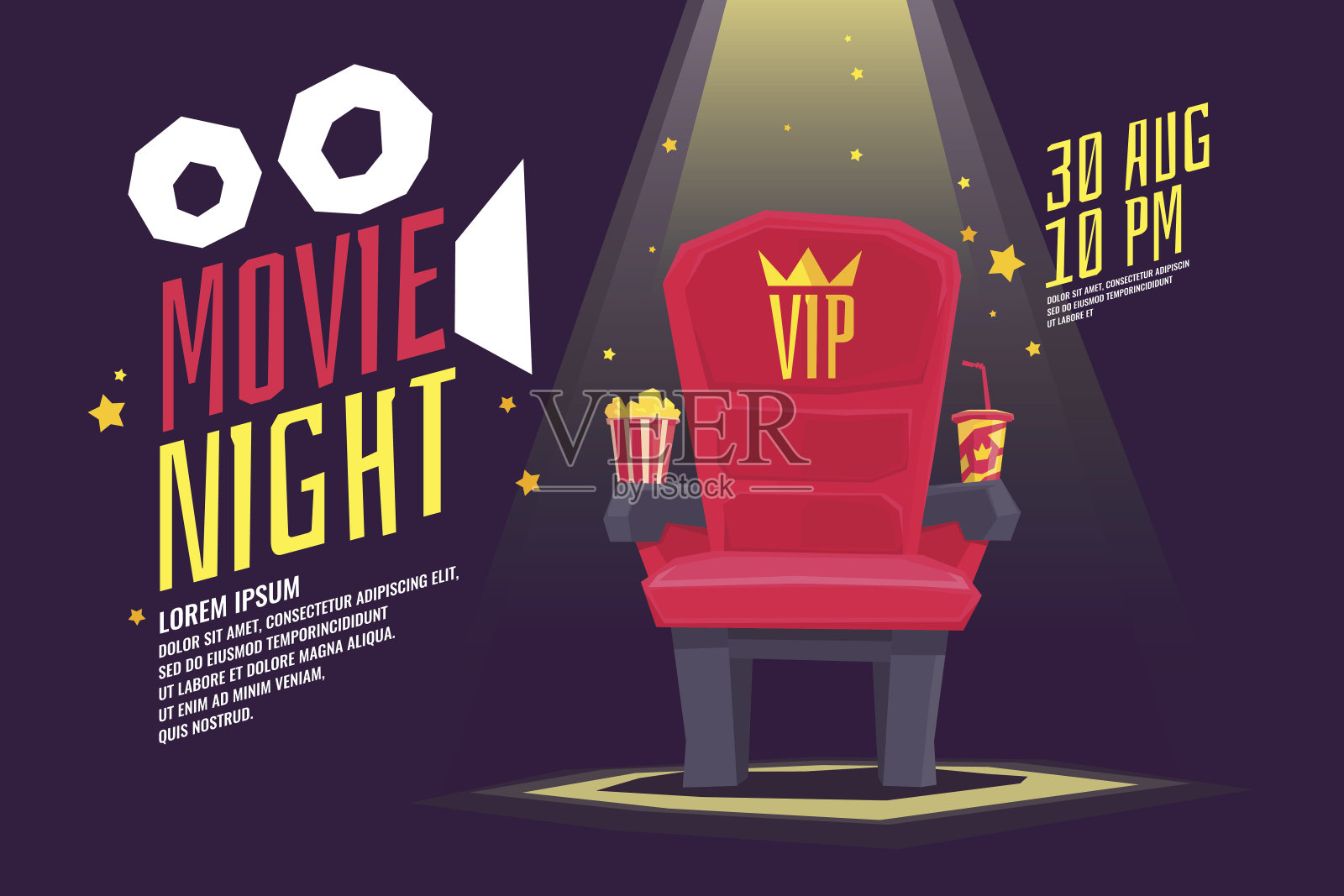 彩色海报电影之夜配有放映机，胶卷，座位和票设计模板素材