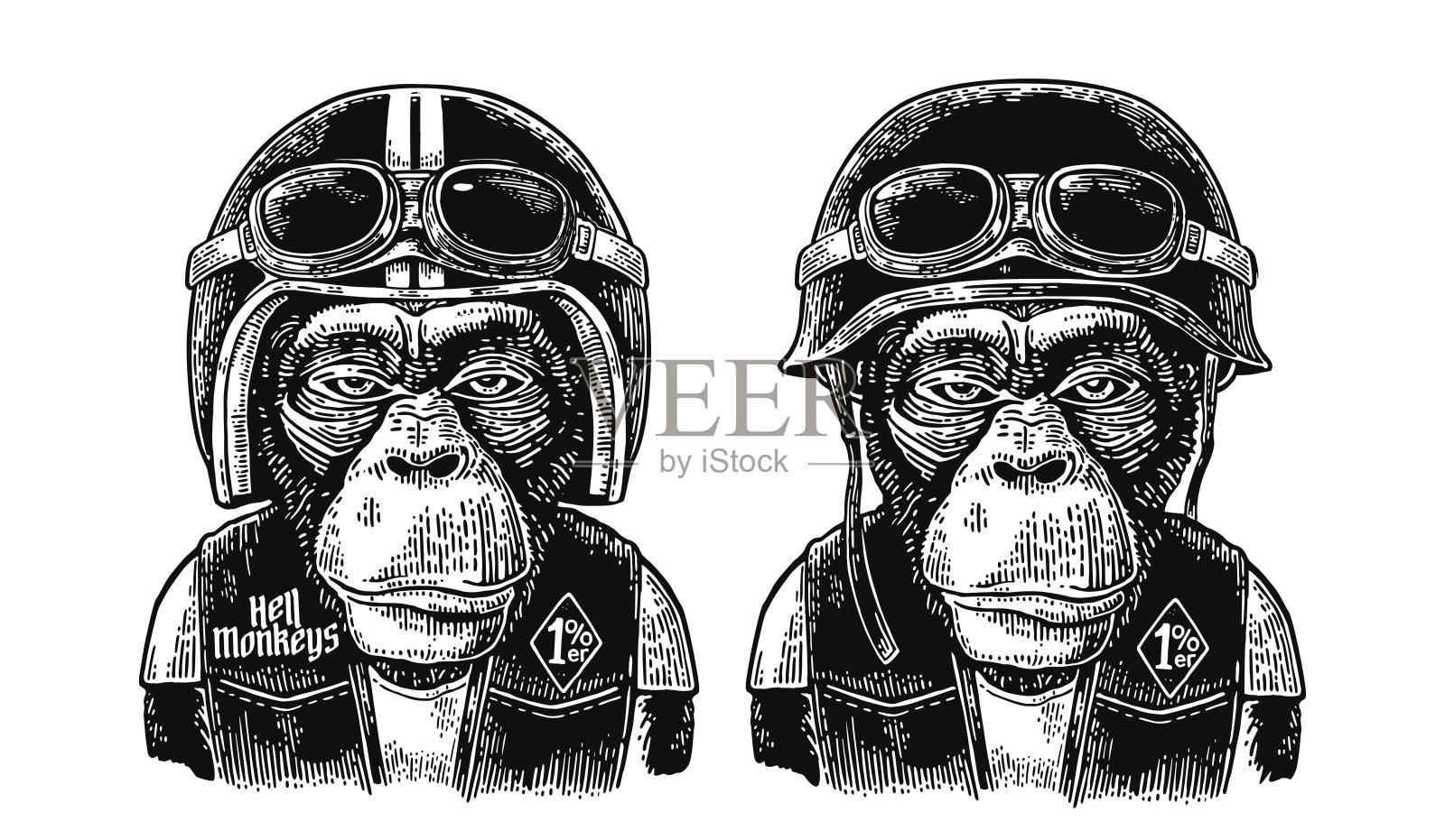 戴着摩托车头盔和眼镜的猴子。黑色复古雕刻插画图片素材