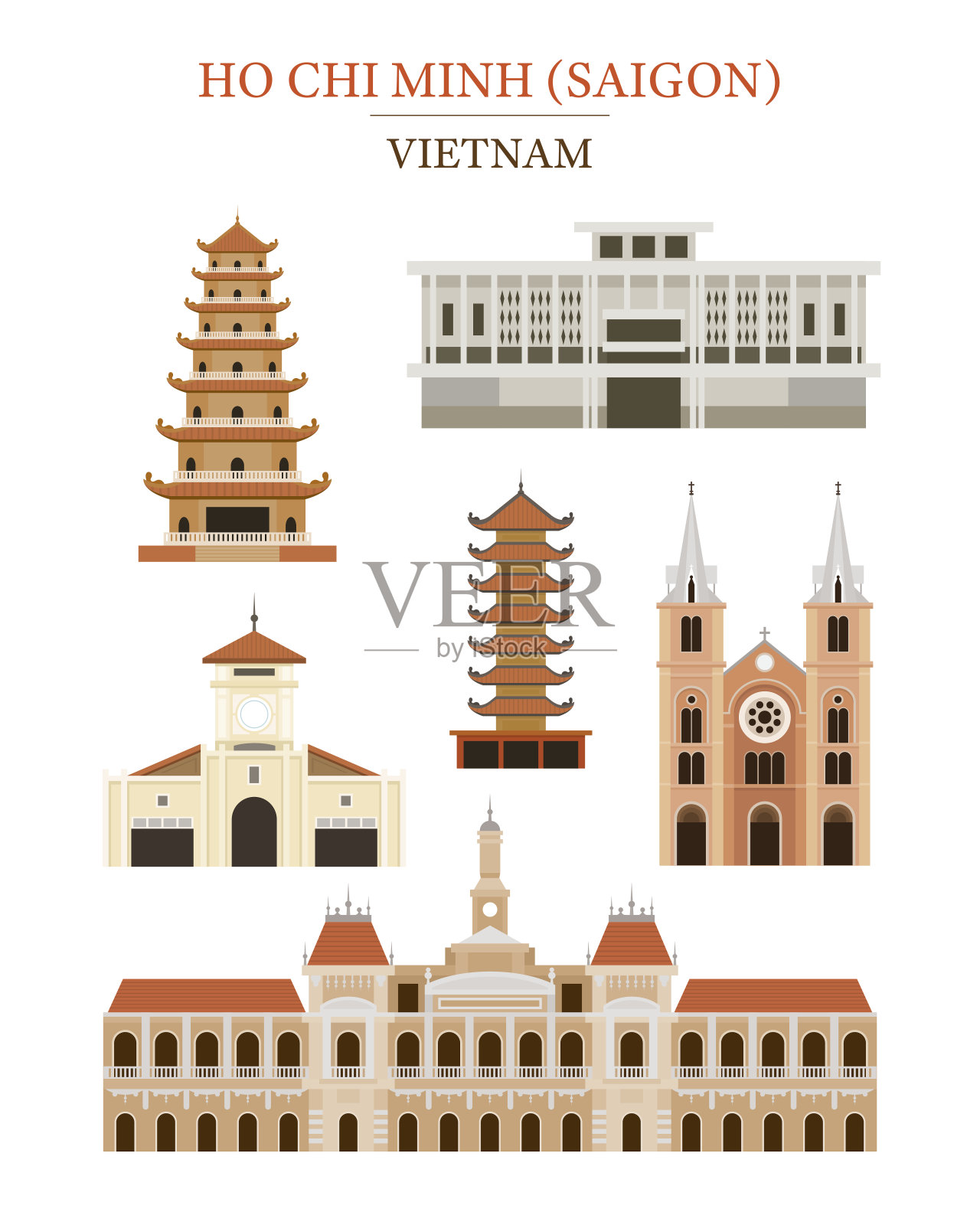 越南西贡地标建筑建筑对象集插画图片素材