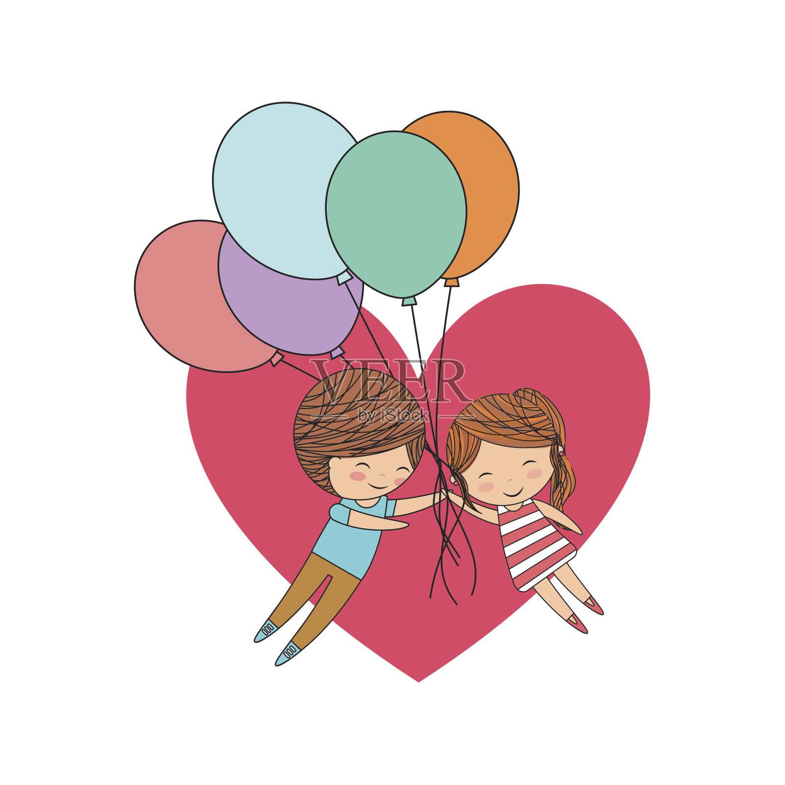 两个孩子卡通心形和气球图标。矢量图形插画图片素材