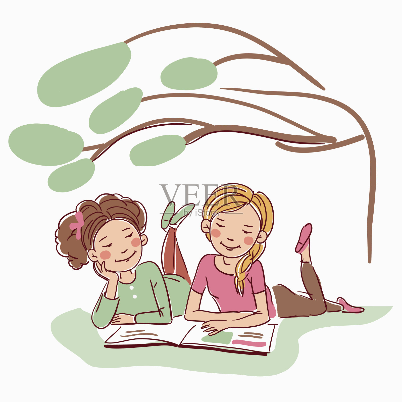 年轻的女孩们在树下看书插画图片素材