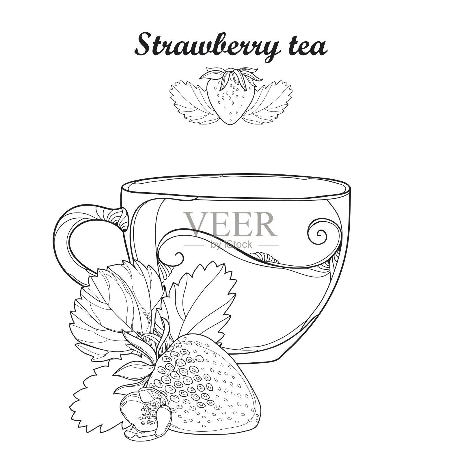 矢量轮廓透明杯草莓花草茶在黑色孤立在白色的背景。插画图片素材