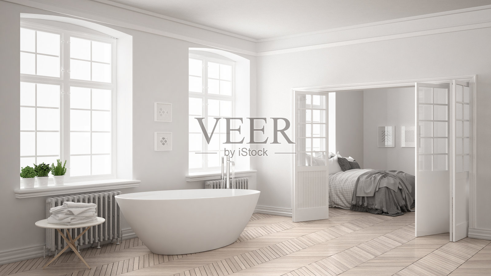 极简主义斯堪的纳维亚白色浴室与卧室的背景，经典的室内设计照片摄影图片