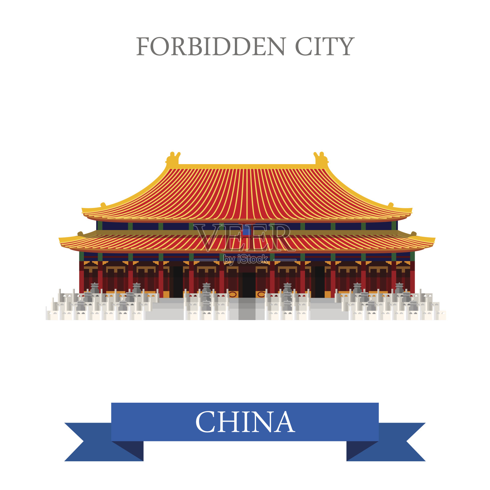 紫禁城是中国北京从明到清年间的皇宫。平面卡通风格的历史景点展示景点网站矢量插图。世界各国城市度假旅游观光亚洲亚洲华人收藏。插画图片素材