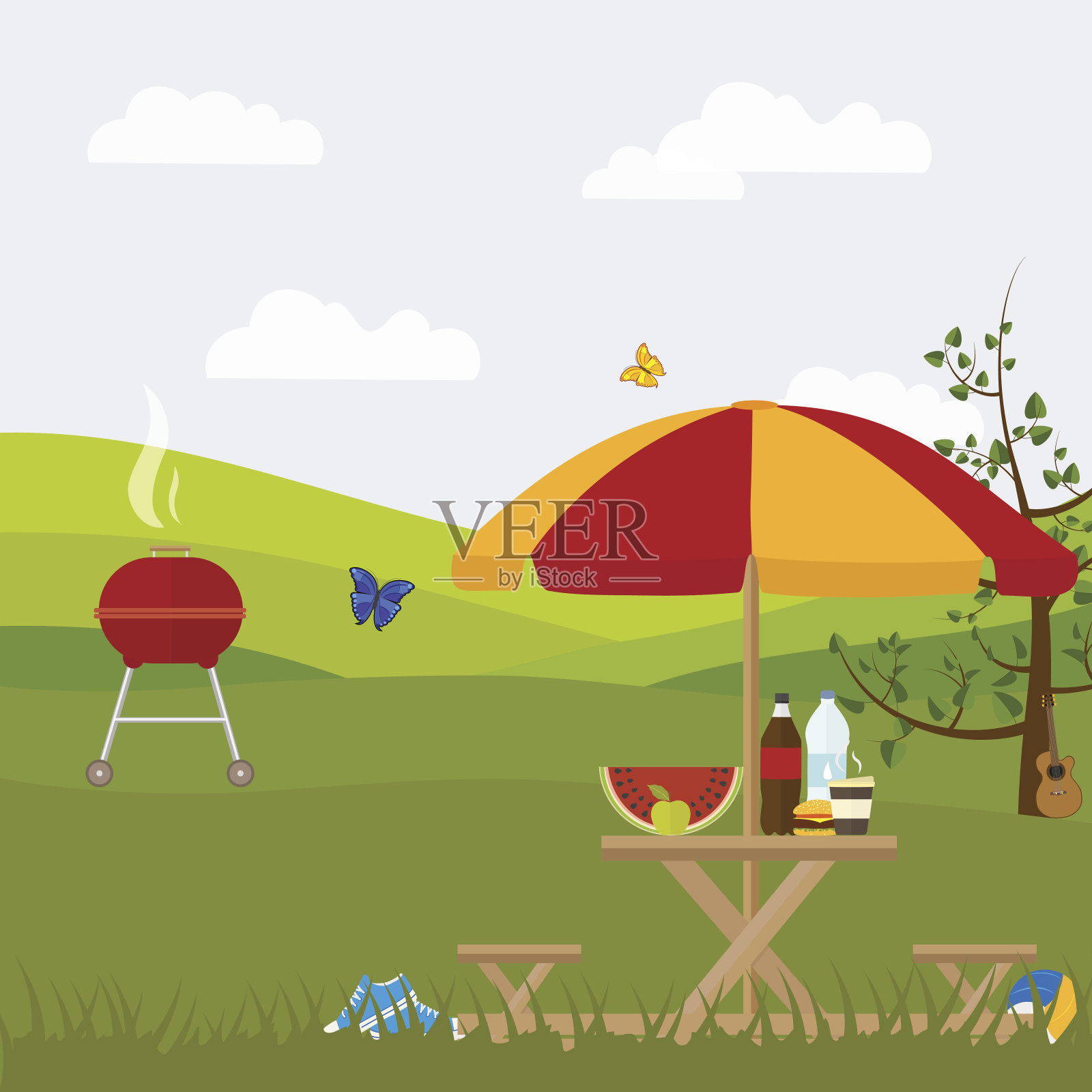 夏日野餐，郊外烧烤，在大自然中插画图片素材