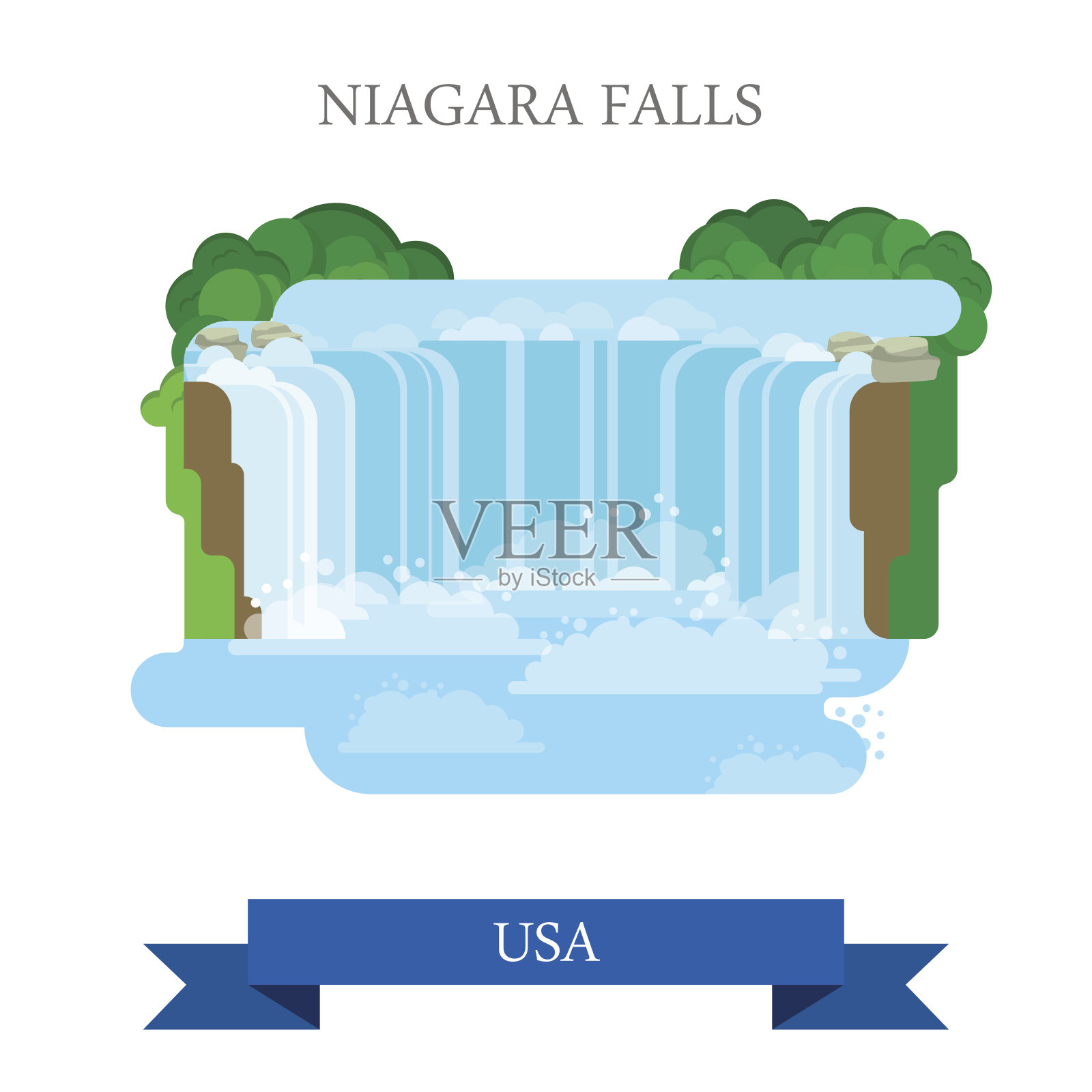 美国/加拿大的尼亚加拉大瀑布。平面卡通风格的历史景点展示景点网站矢量插图。世界各国度假旅游观光北美美国收藏。插画图片素材