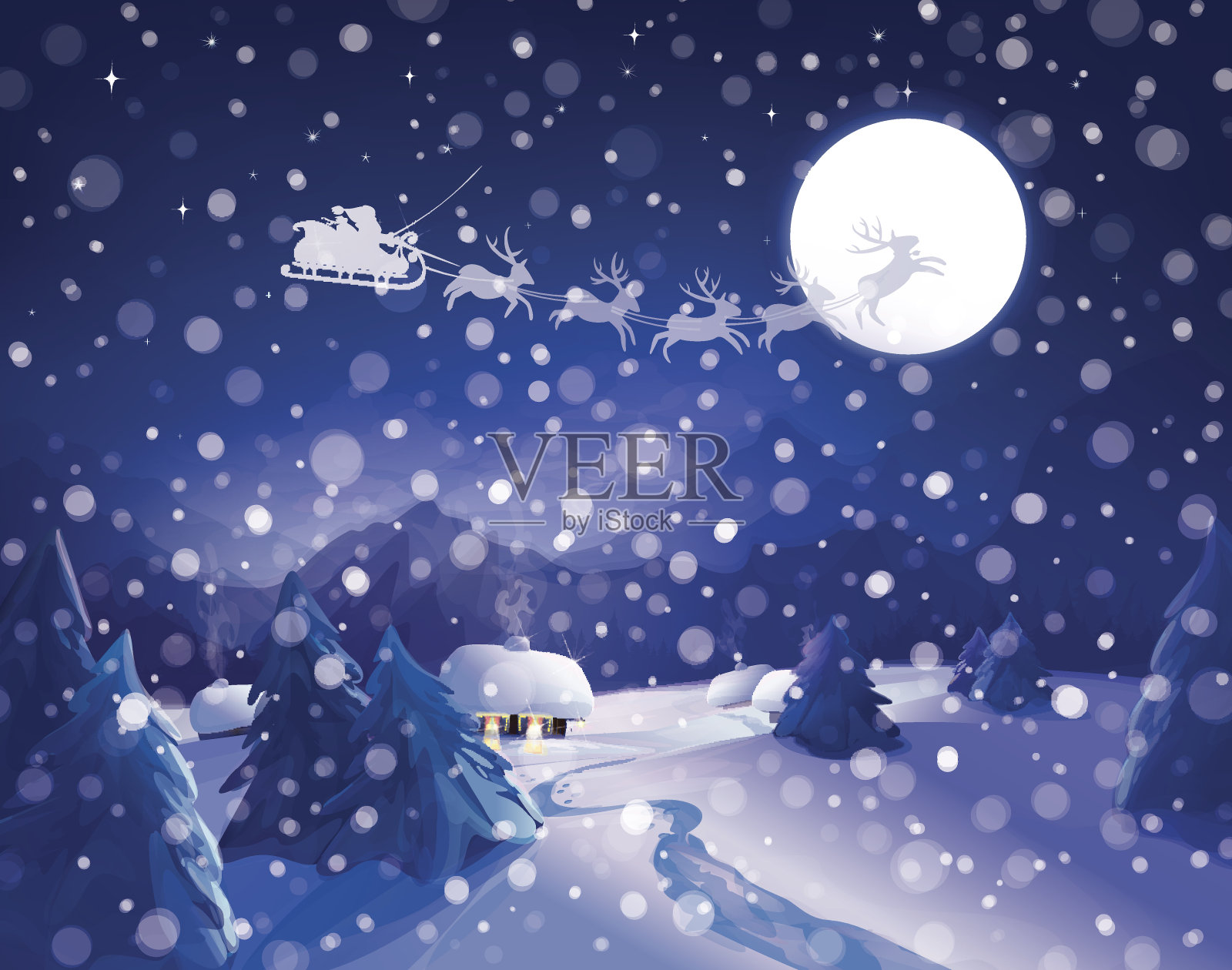 矢量圣诞老人的雪橇在天空的背景，冬天的夜景。插画图片素材