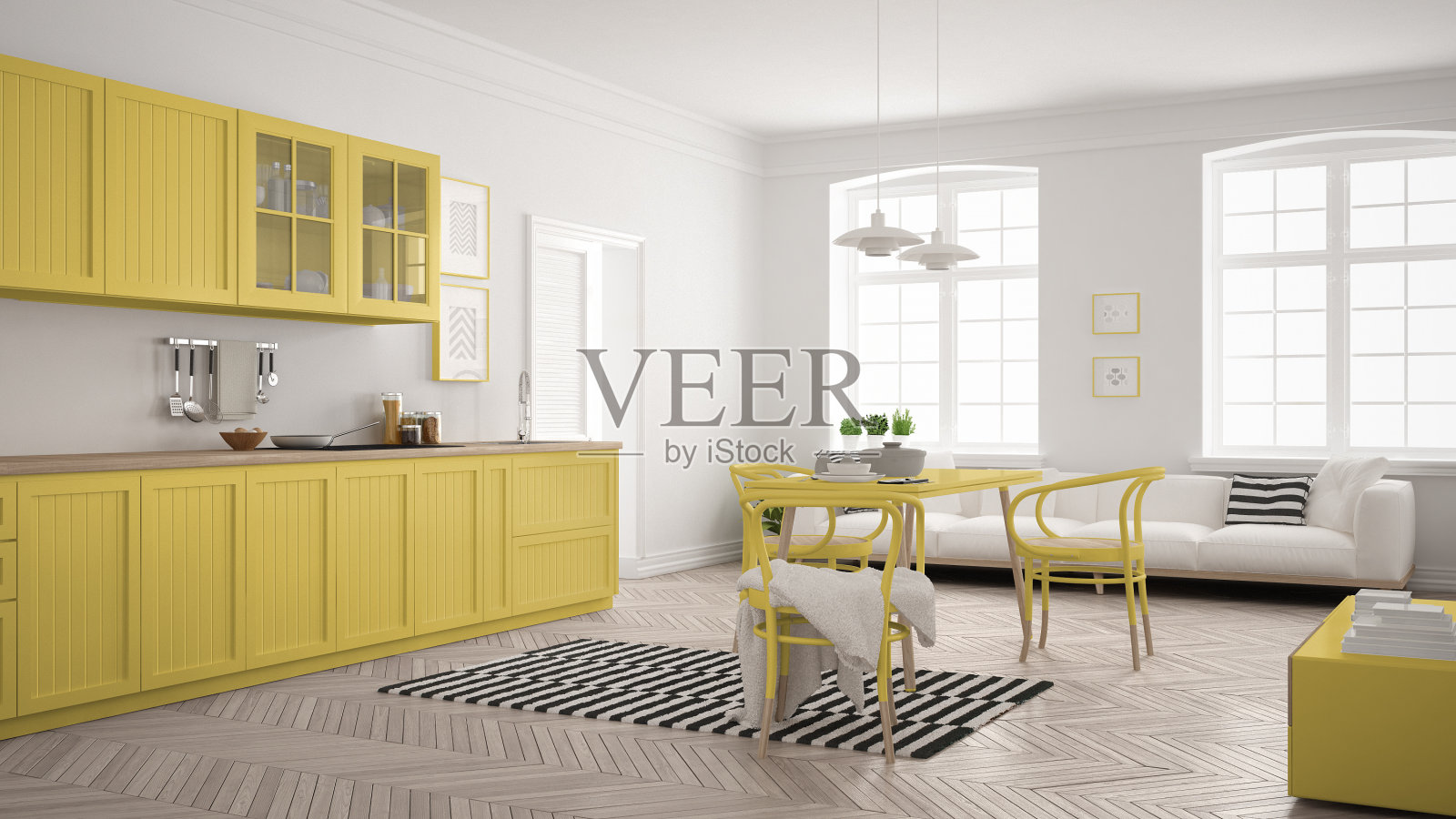 简约的现代厨房，餐桌和客厅，白色和黄色斯堪的纳维亚室内设计照片摄影图片