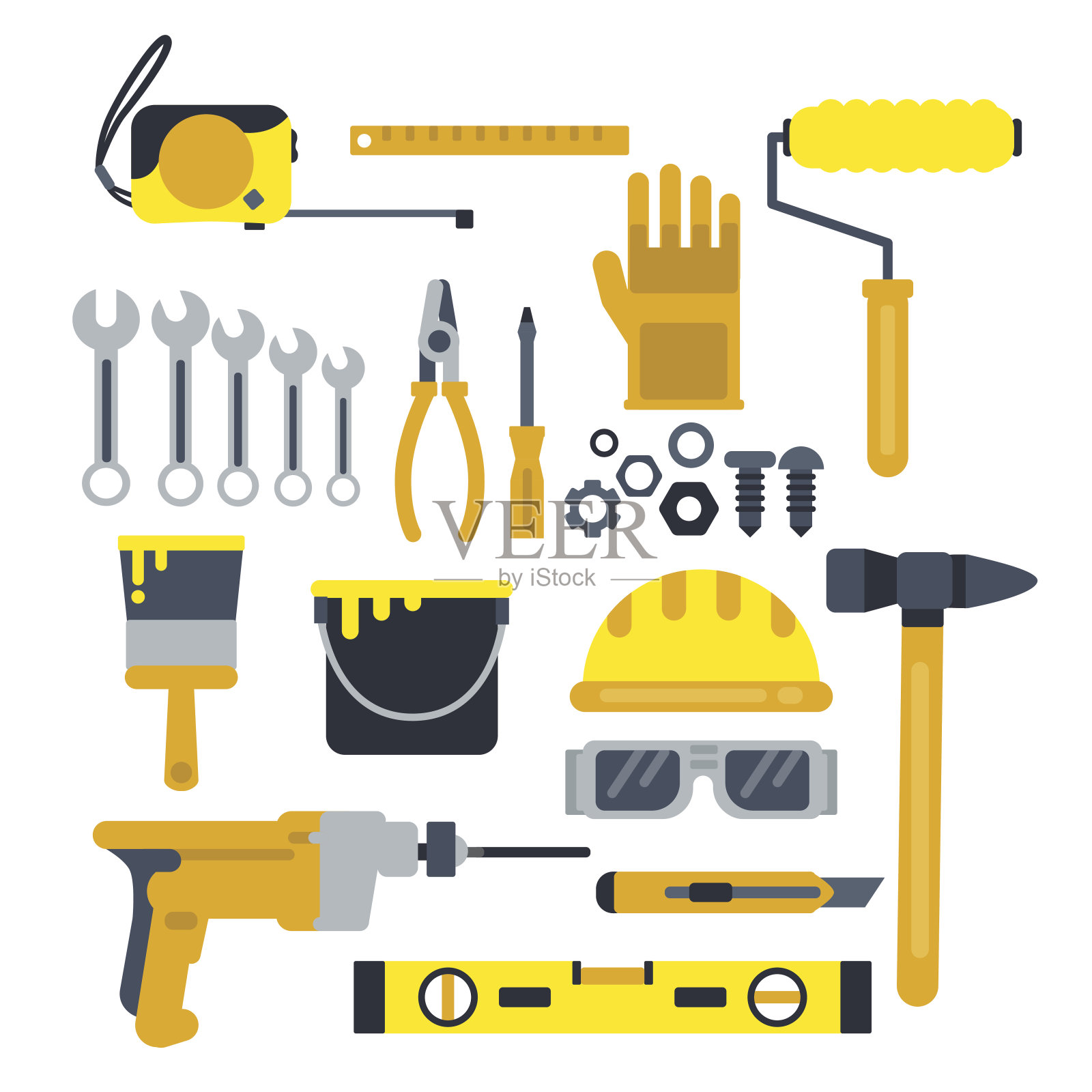 建筑或修理工具，工作头盔，锤子，油漆手套和其他工业矢量图标集插画图片素材