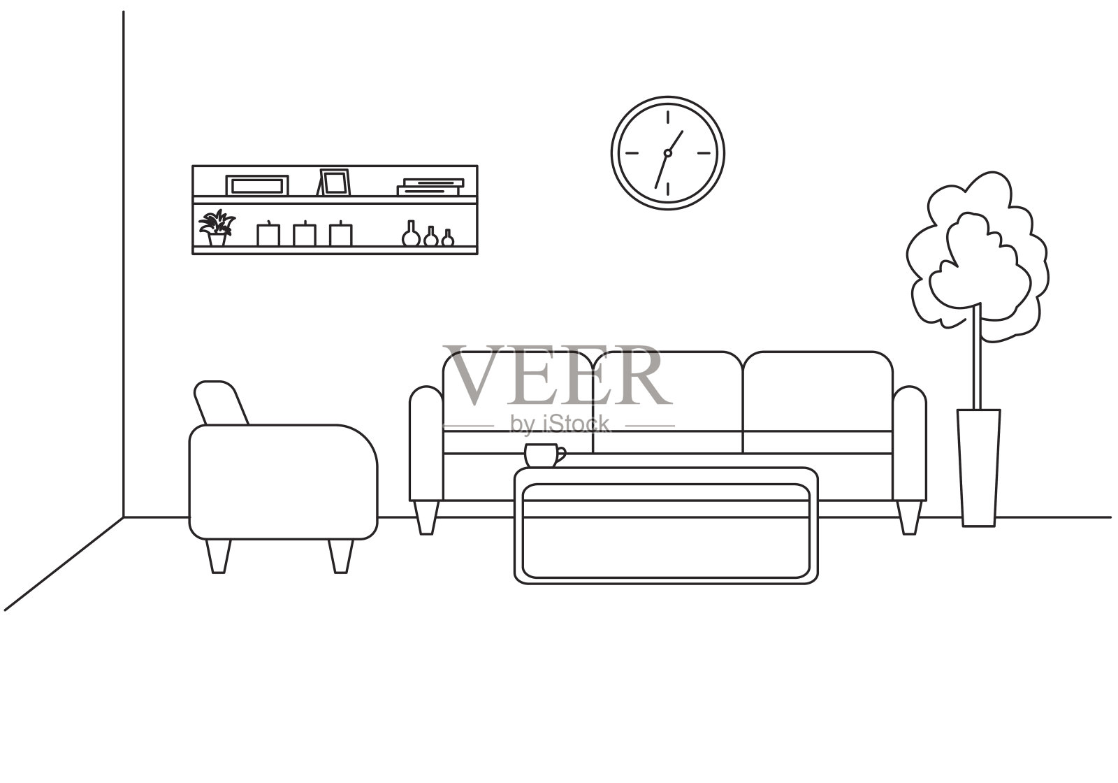 房间角落里有扶手椅、沙发、桌子等元素。斯堪的纳维亚风格的室内设计。矢量插图在一个线性风格。插画图片素材