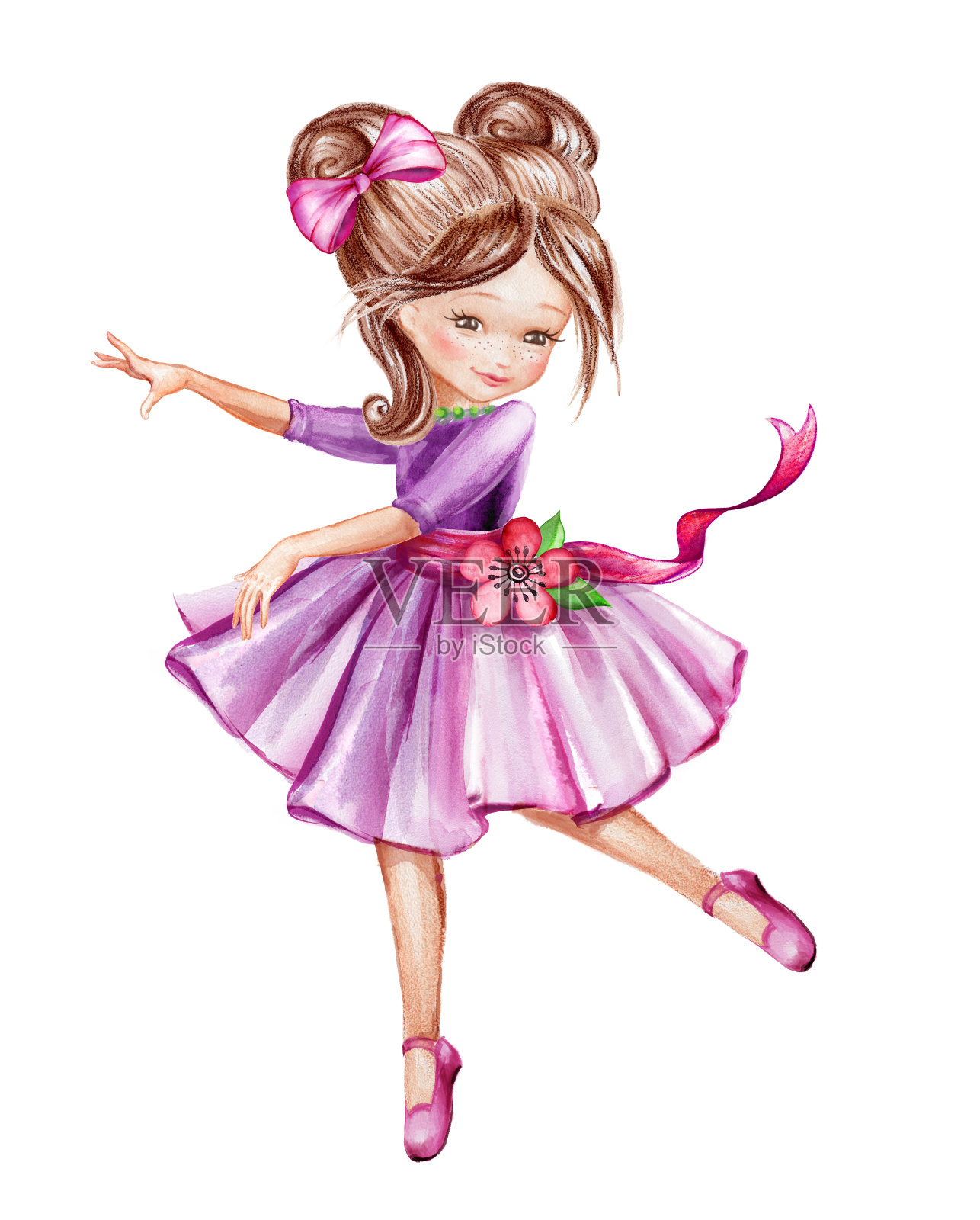 水彩插图，可爱的小芭蕾舞者，年轻的女孩在粉红色的裙子跳舞，孩子，娃娃，剪辑艺术孤立在白色的背景插画图片素材