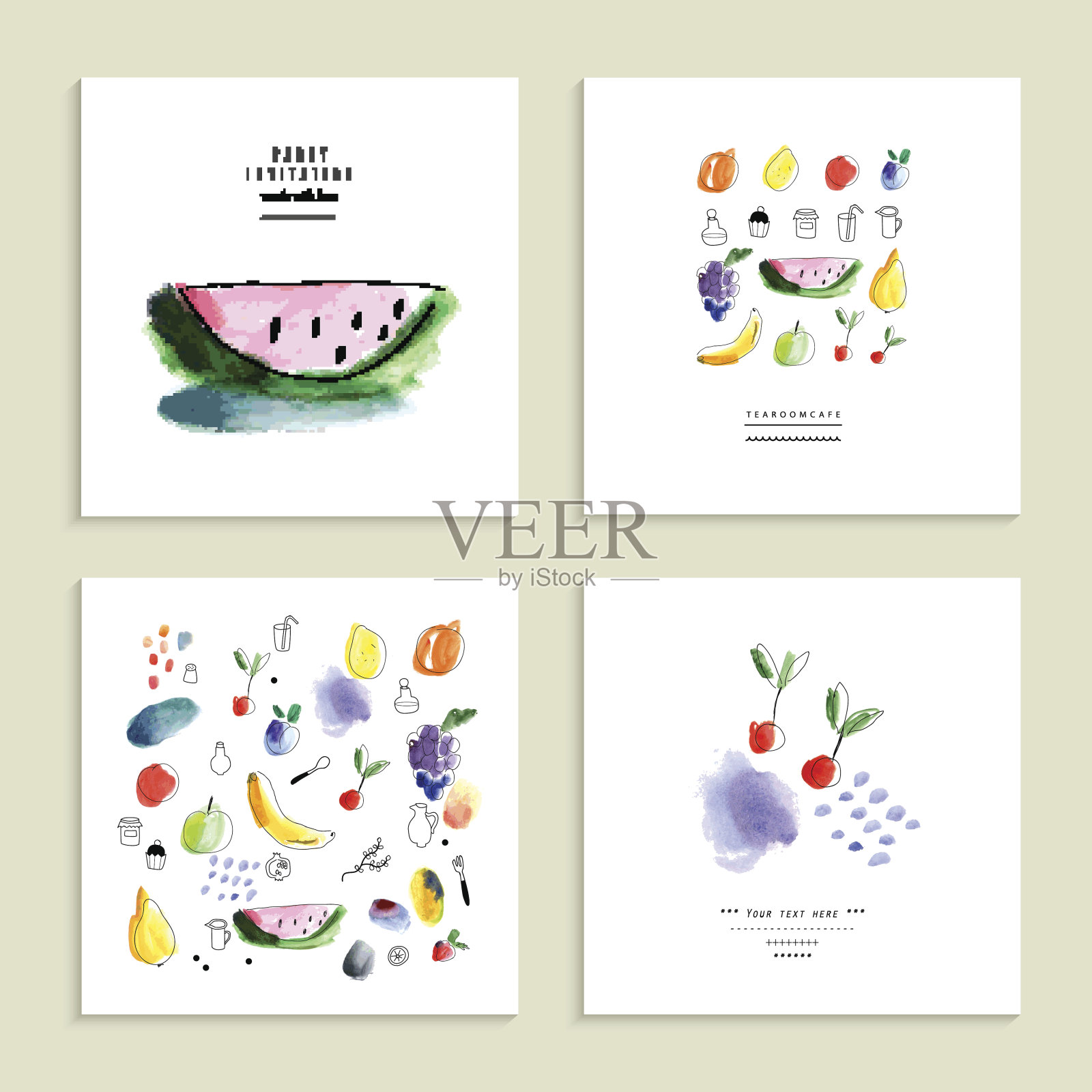 水彩艺术。水果、浆果。一套四张创意卡片。向量。插画图片素材