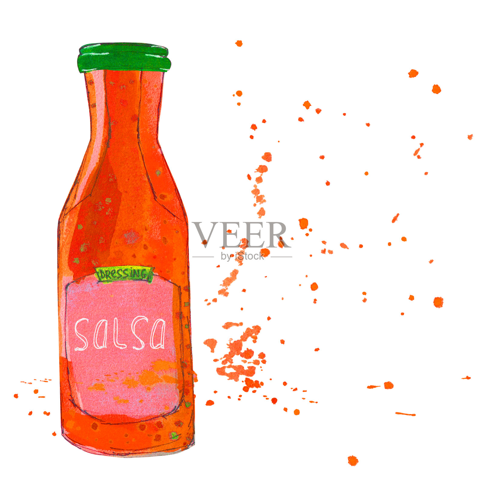 莎莎酱瓶与溅。水彩插图。插画图片素材