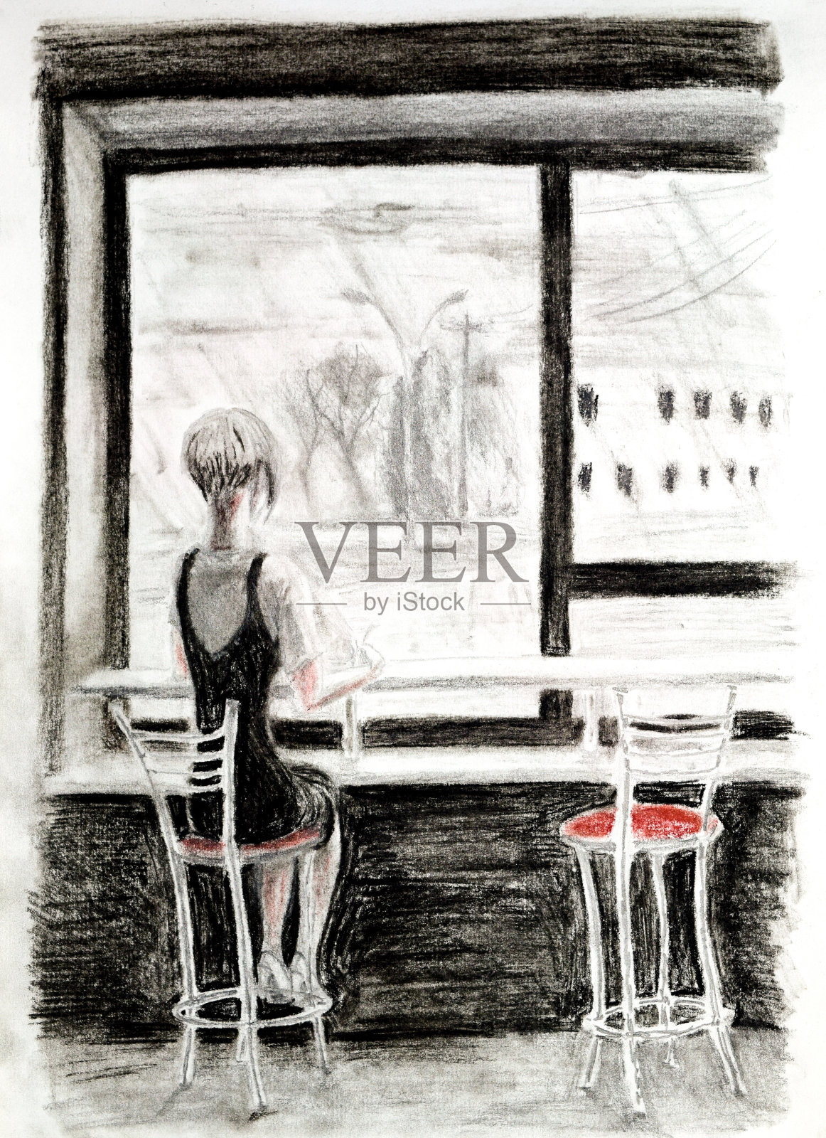 坐在靠窗的吧台旁椅子上的女孩插画图片素材