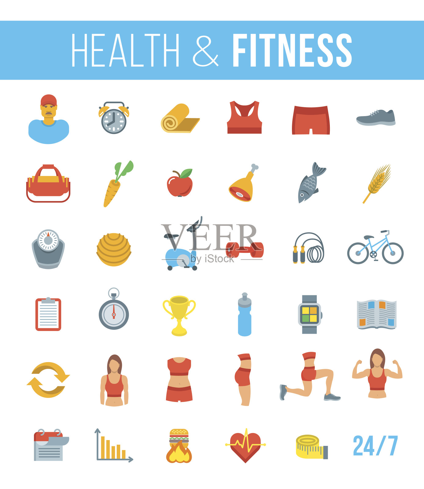 健身馆和健康的生活方式平面矢量图标图标素材