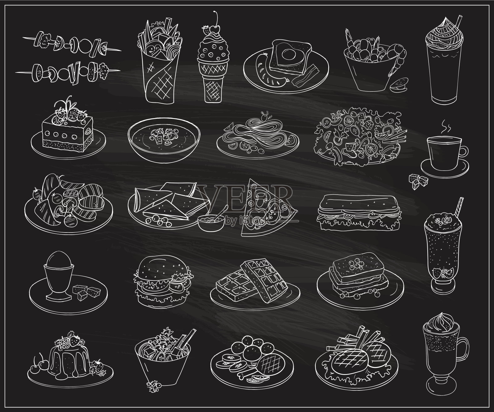 手绘线条图解的各种食物，甜点和饮料插画图片素材