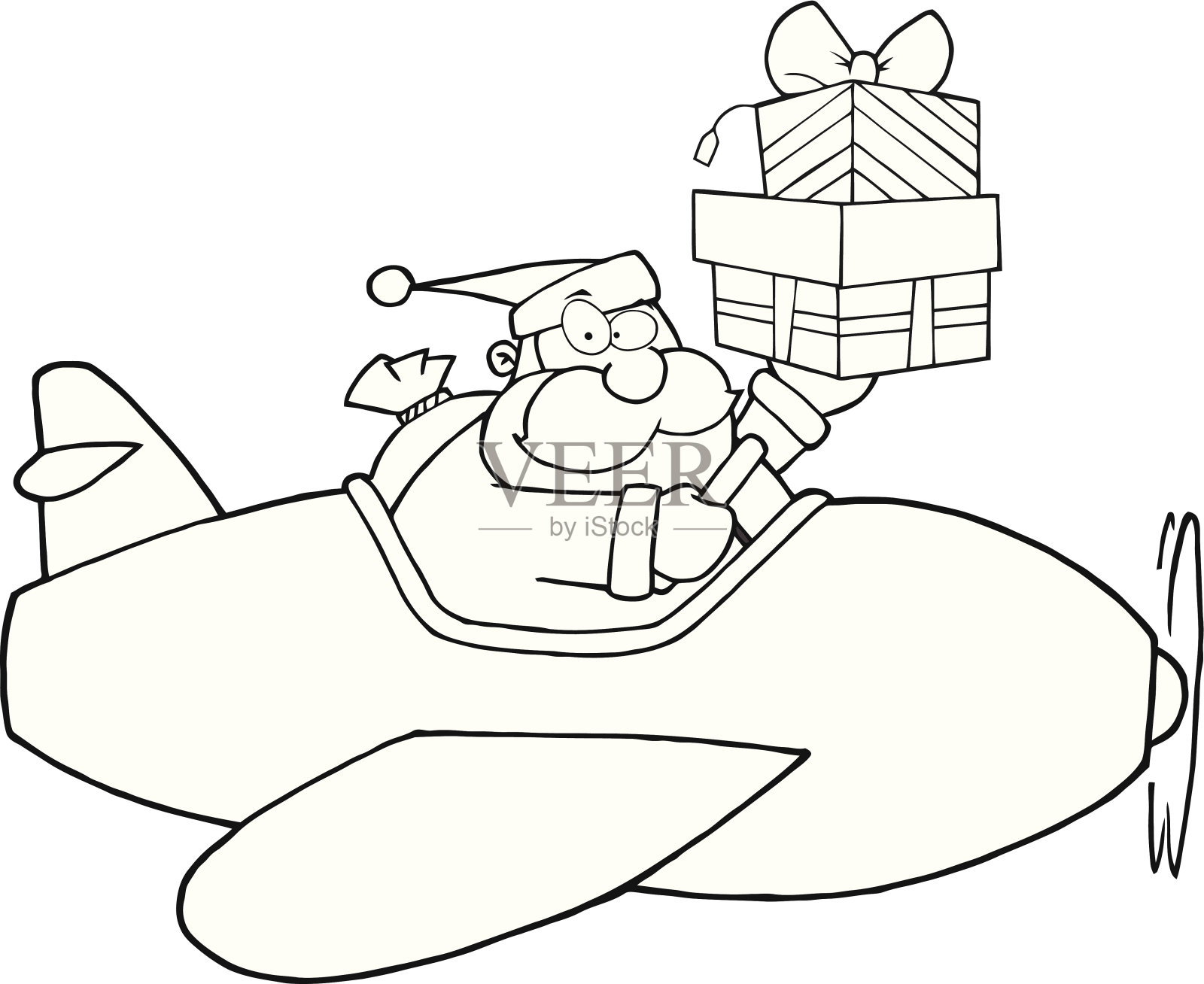 黑白圣诞老人与他的圣诞飞机飞行插画图片素材