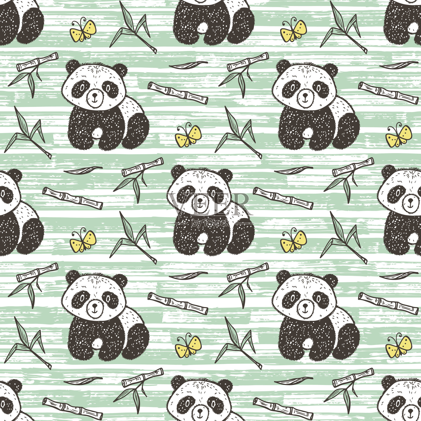 可爱的熊猫宝宝与竹子矢量无缝模式。无尽的熊猫壁纸。手绘涂鸦有趣的黑白熊。背景的孩子。插画图片素材