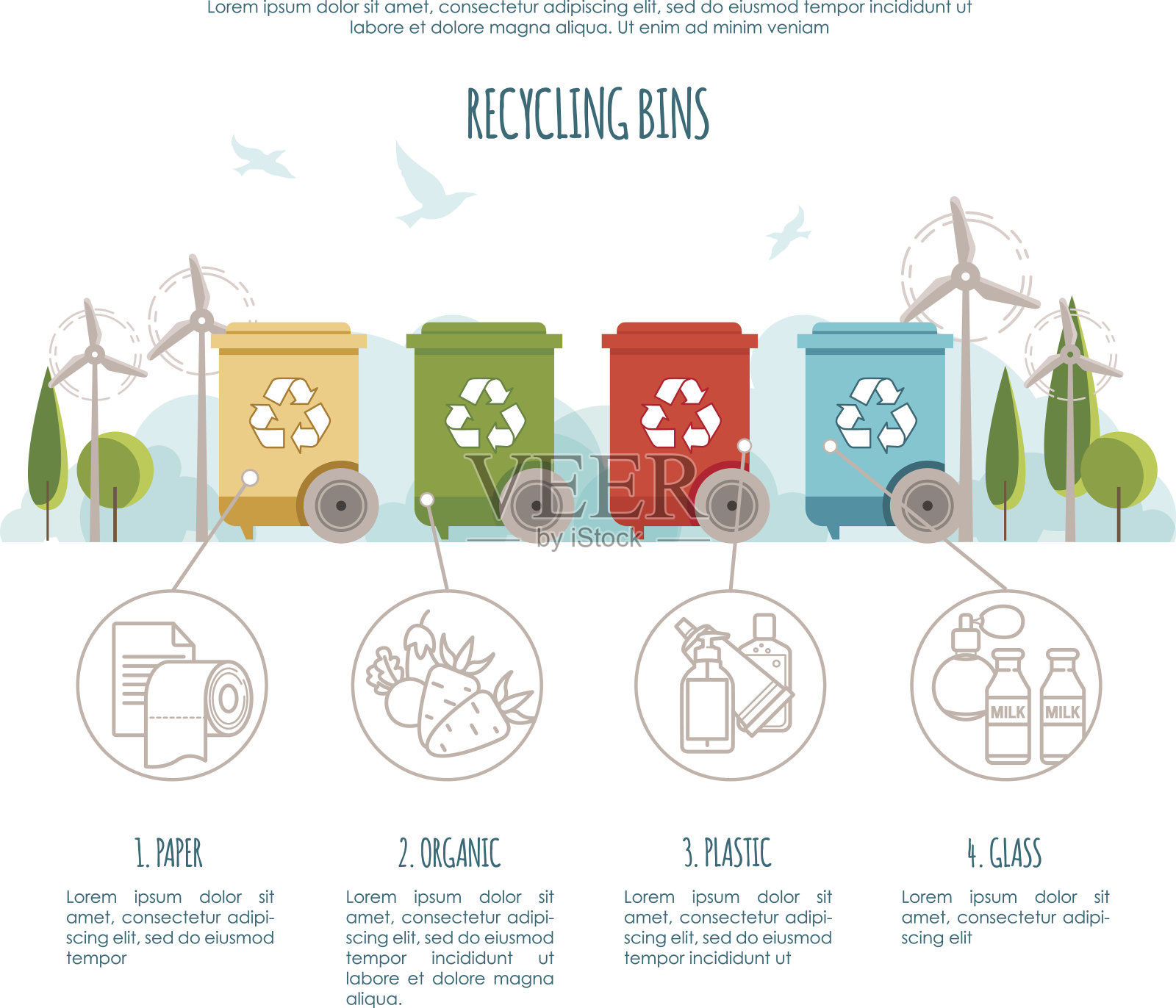 回收垃圾箱信息图表。废物管理和回收概念。有垃圾类型的彩色垃圾桶。矢量图插画图片素材