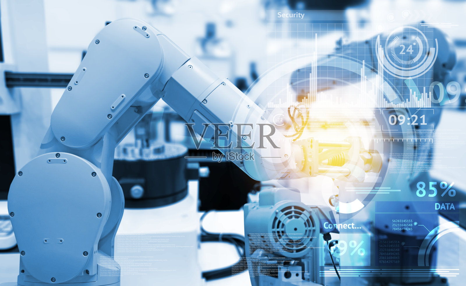 工业物联网和工业4.0概念。摘要蓝色背景的技术图形和自动化无线控制机器人机器在智能工厂具有耀斑光效果。照片摄影图片