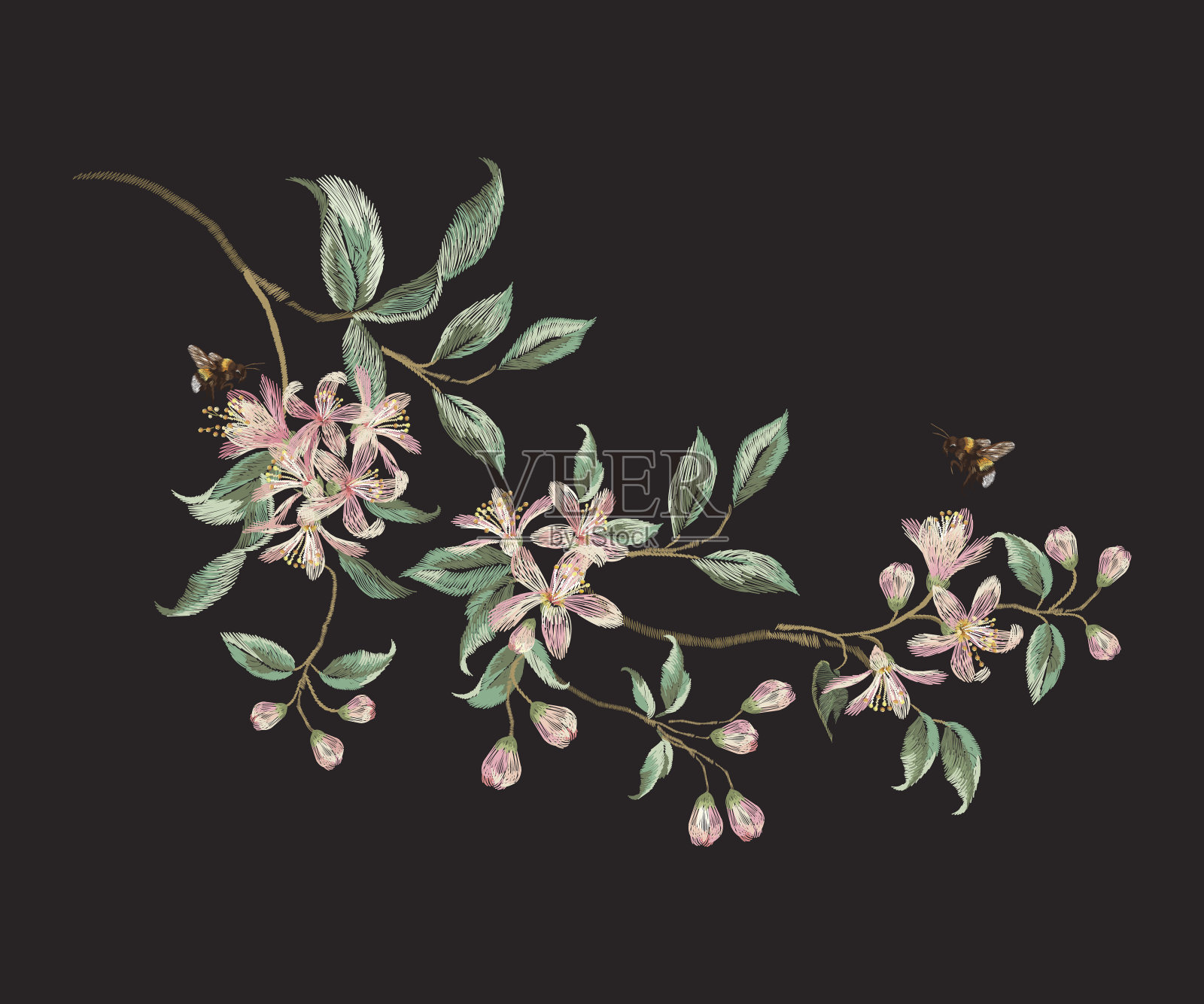 刺绣趋势花卉图案与枝条的热带日本花。插画图片素材