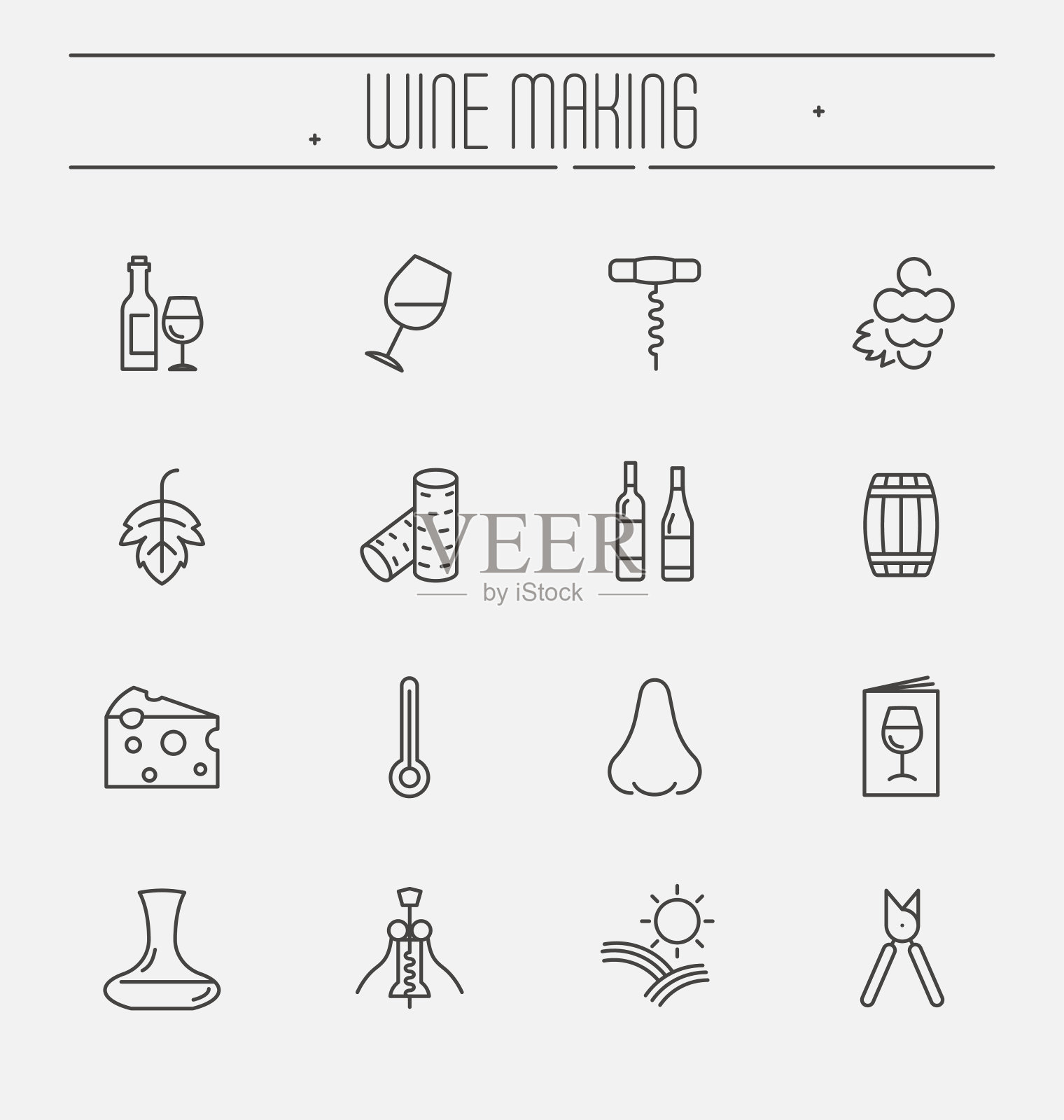 细线葡萄酒和葡萄酒制作图标设置孤立的白色背景。矢量插图。图标素材