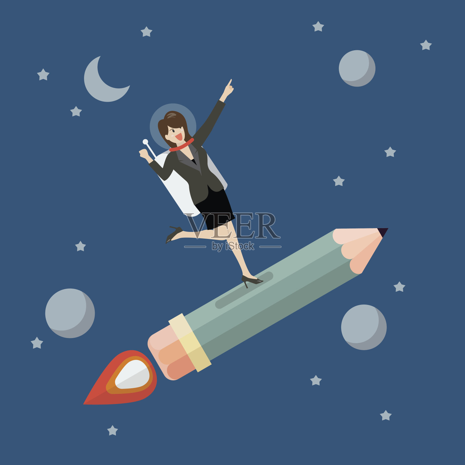 商业女性宇航员在铅笔火箭上插画图片素材
