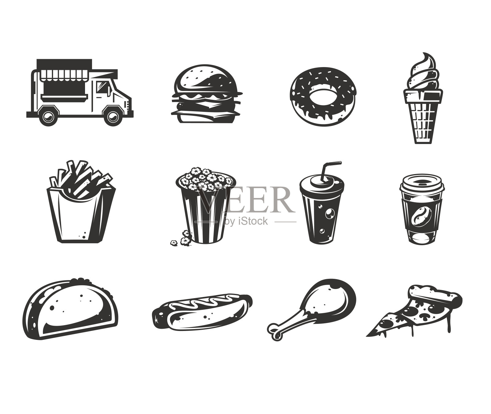 向量黑色图标-汽车快速送食品或食品卡车，一系列图标的各种快餐产品插画图片素材