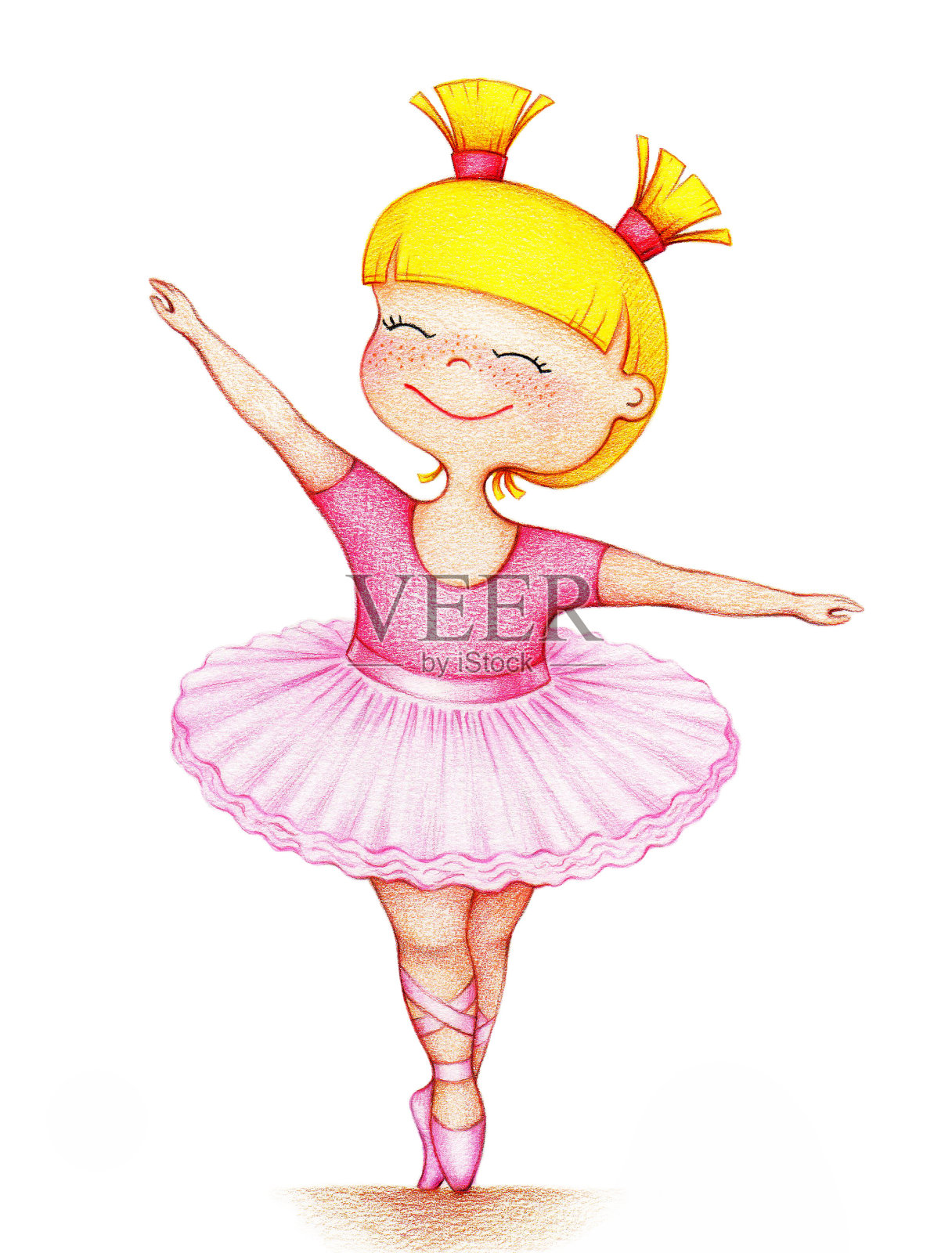 用彩色铅笔在白色的背景上画了一个漂亮的小女孩穿着粉红色的裙子插画图片素材