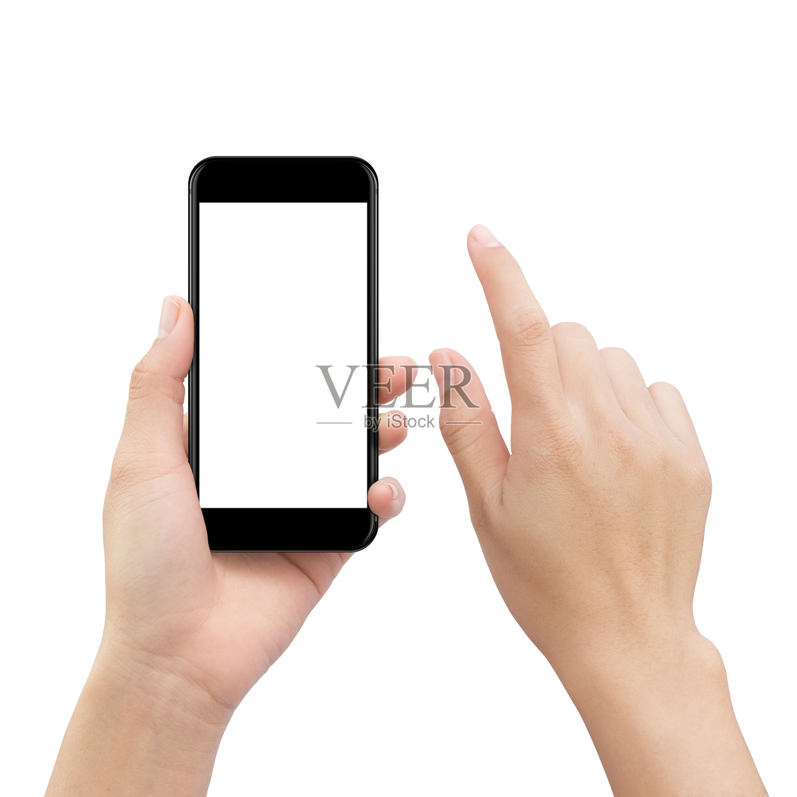 手触摸智能手机屏幕隔离白色，模拟手机手机空白屏幕轻松调整与剪切路径照片摄影图片