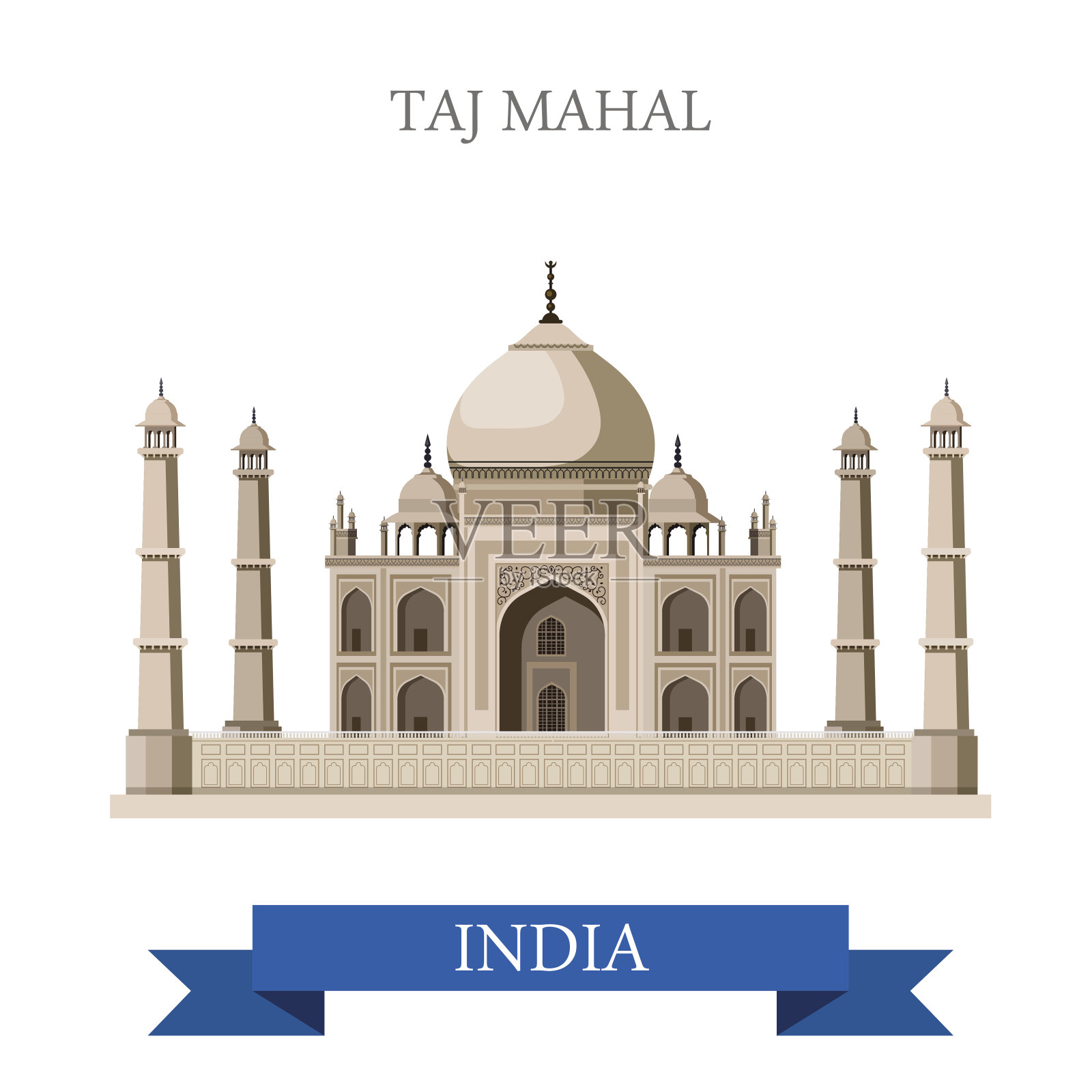 印度阿格拉的泰姬陵。平面卡通风格的历史景点展示景点网站矢量插图。世界各国城市度假旅游观光亚洲收藏。插画图片素材