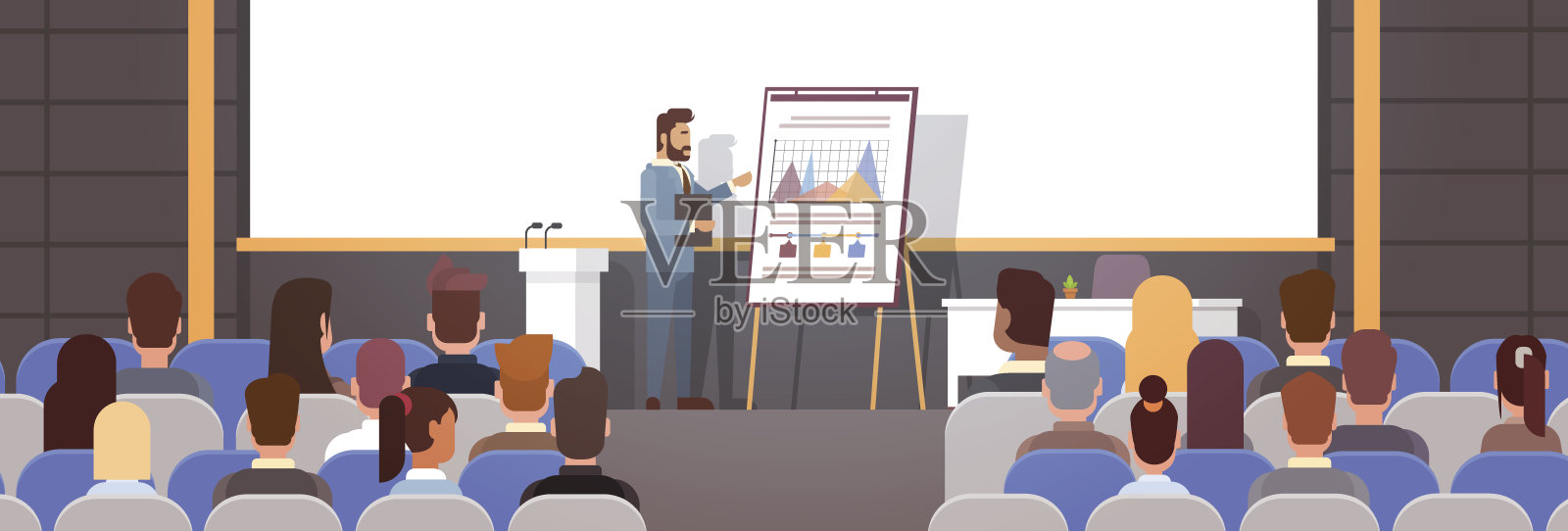 商务人士小组会议会议培训课程与图表挂图插画图片素材