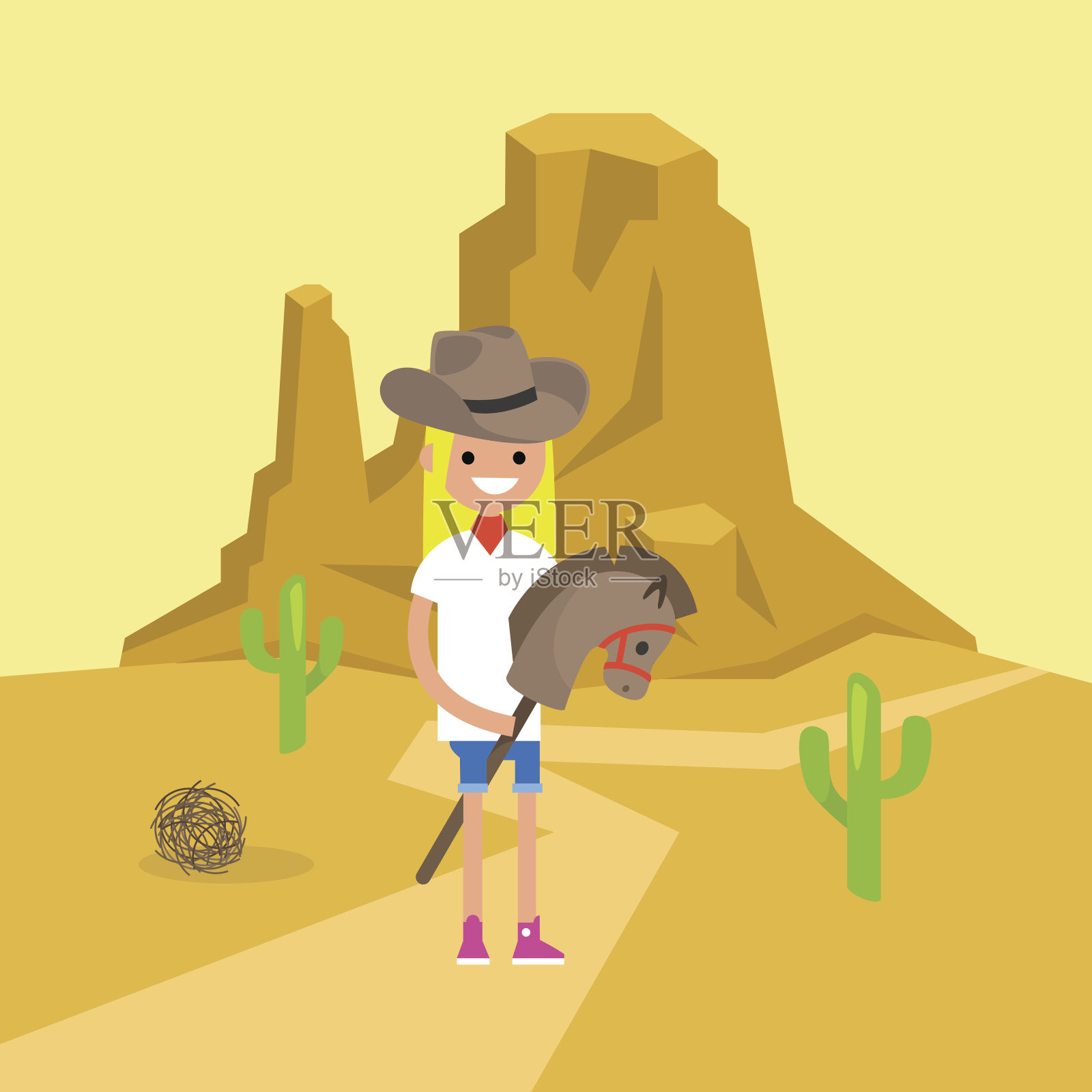 狂野西部概念插图。年轻的金发女孩戴着牛仔帽，骑着木马/平面可编辑矢量插图，剪辑艺术插画图片素材