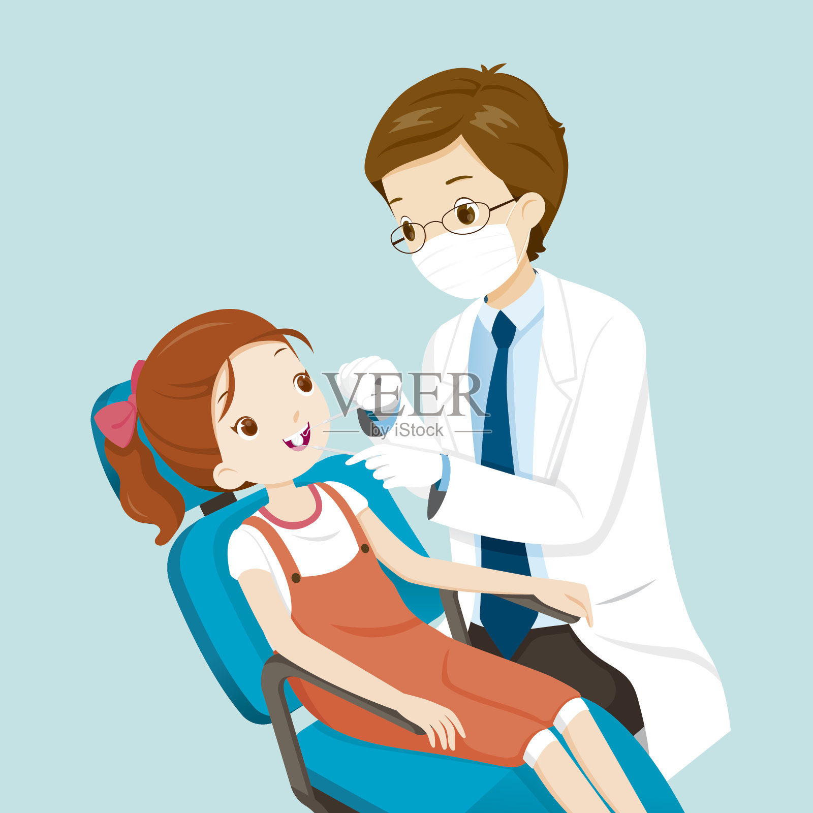 牙医和牙科椅上的可爱女孩插画图片素材