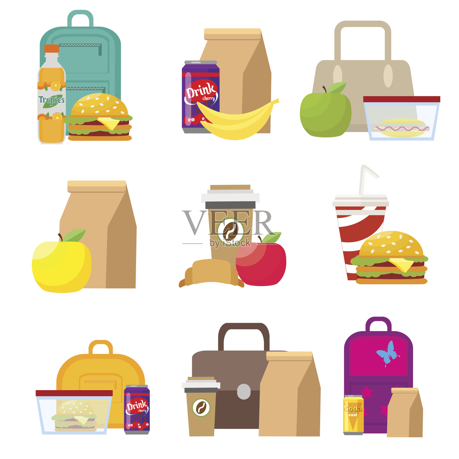学校午餐盒和孩子们的书包。矢量，插图在平面风格孤立在白色背景EPS10。设计元素图片
