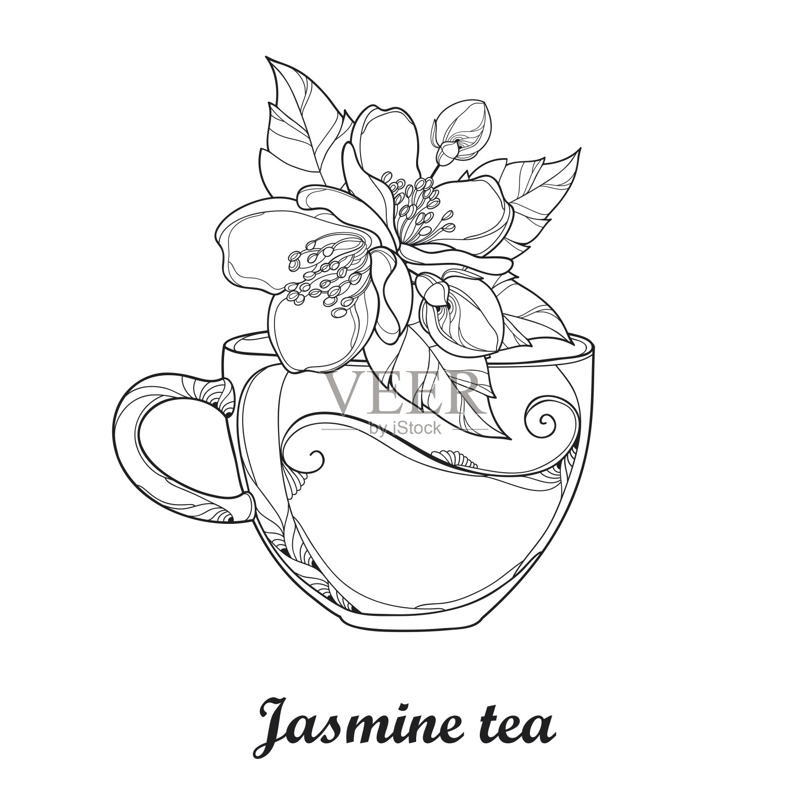 一杯茉莉花凉茶孤立在白色的背景。插画图片素材