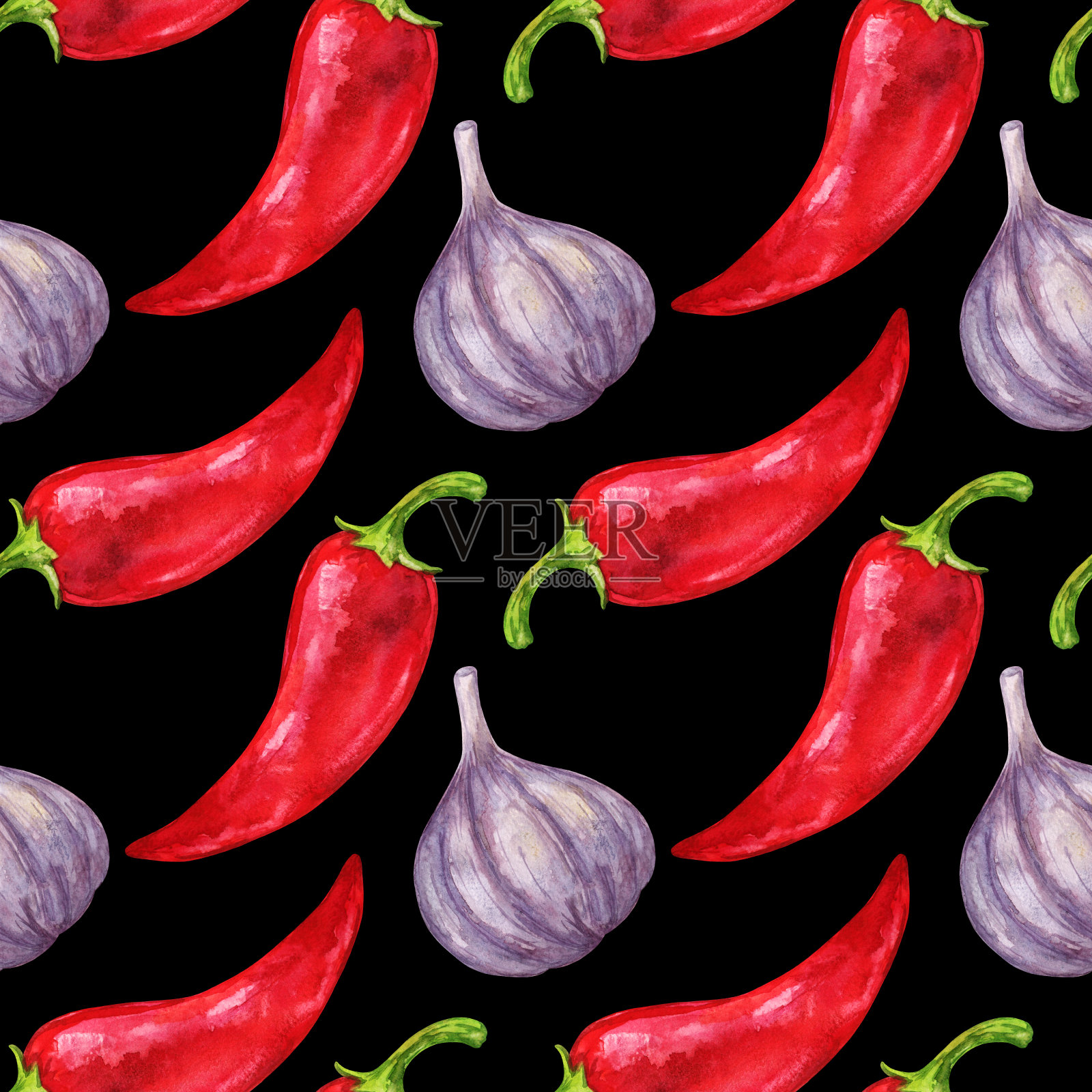 水彩无缝图案，红辣椒，大蒜插画图片素材