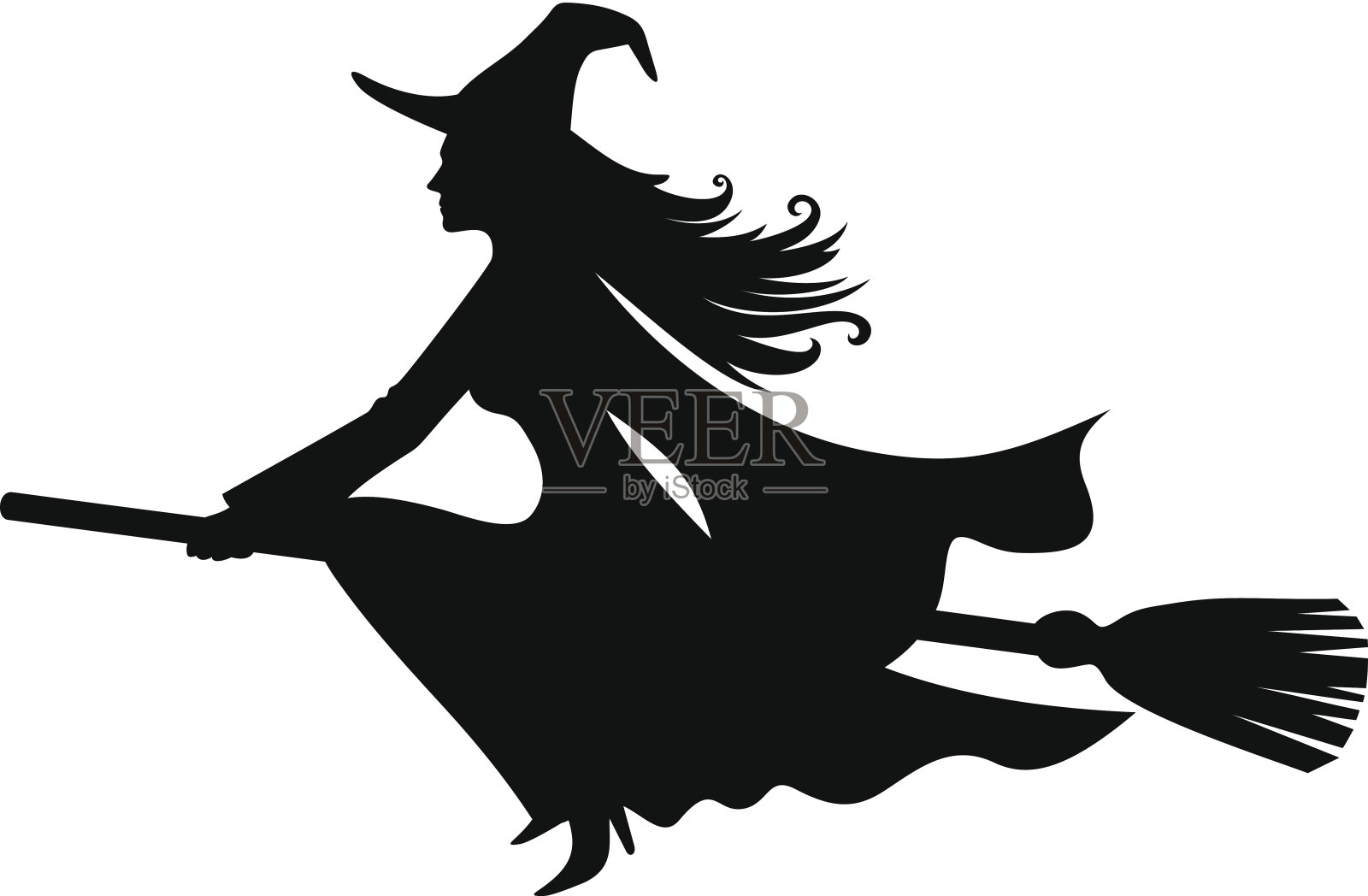 骑着扫帚的女巫。向量黑色剪影。设计元素图片