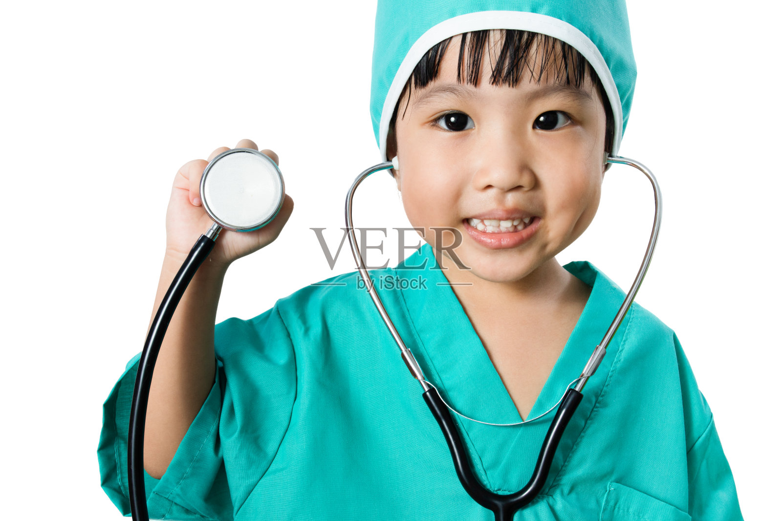 中国女孩扮演医生与听诊器照片摄影图片