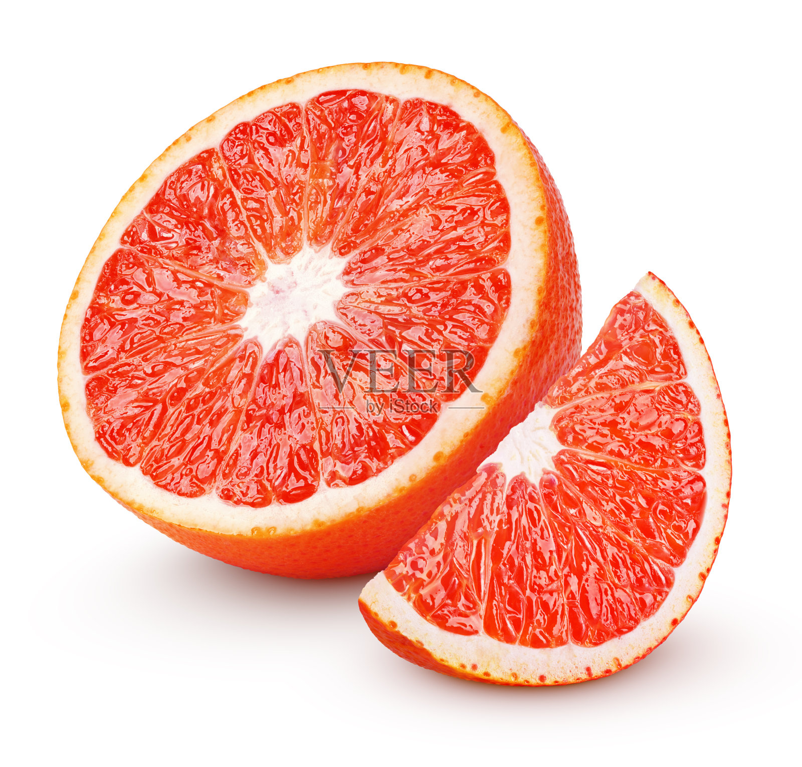 一半橙红色的柑橘类水果，分离上白色照片摄影图片