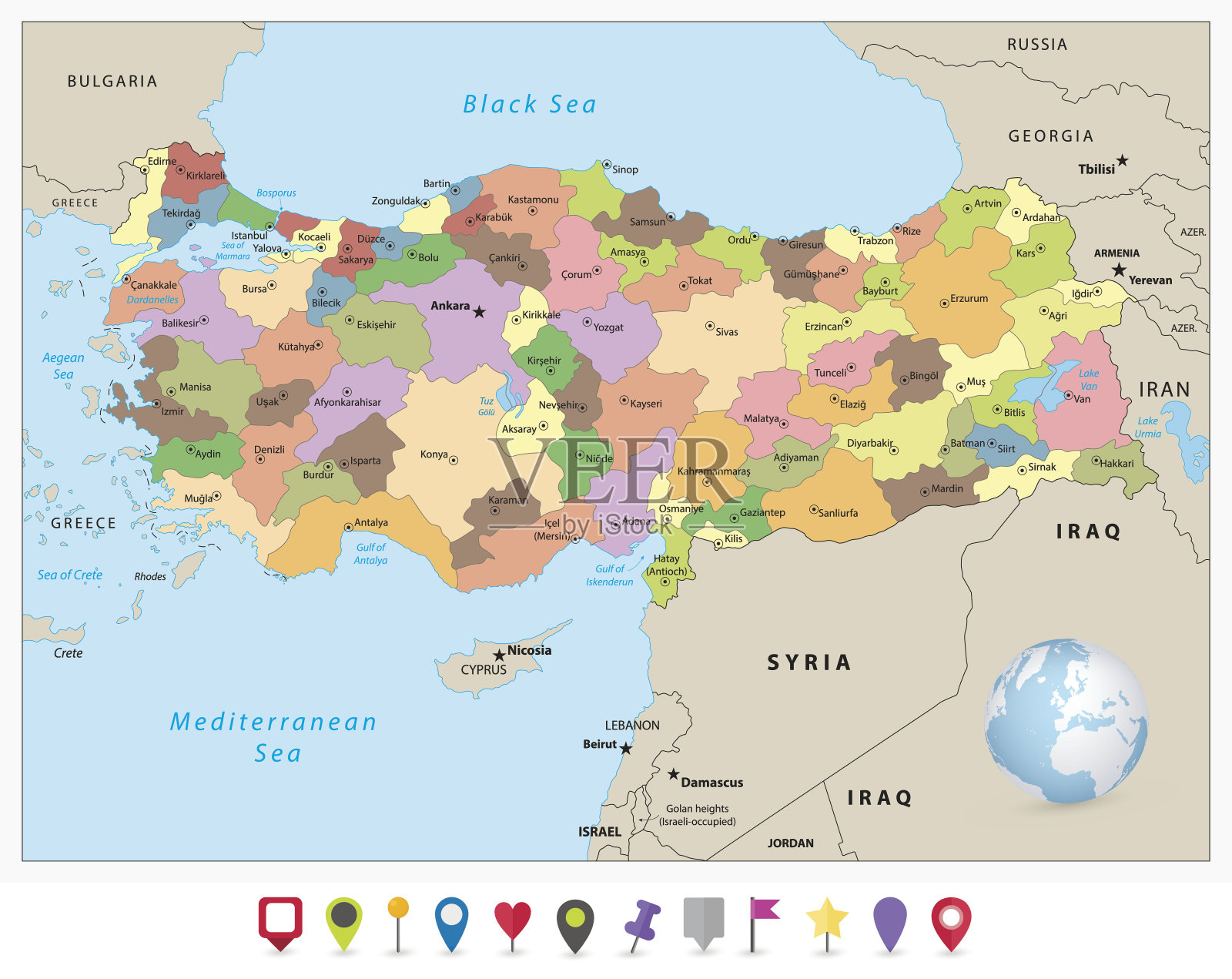 土耳其详细的管理地图和平面图标设置插画图片素材