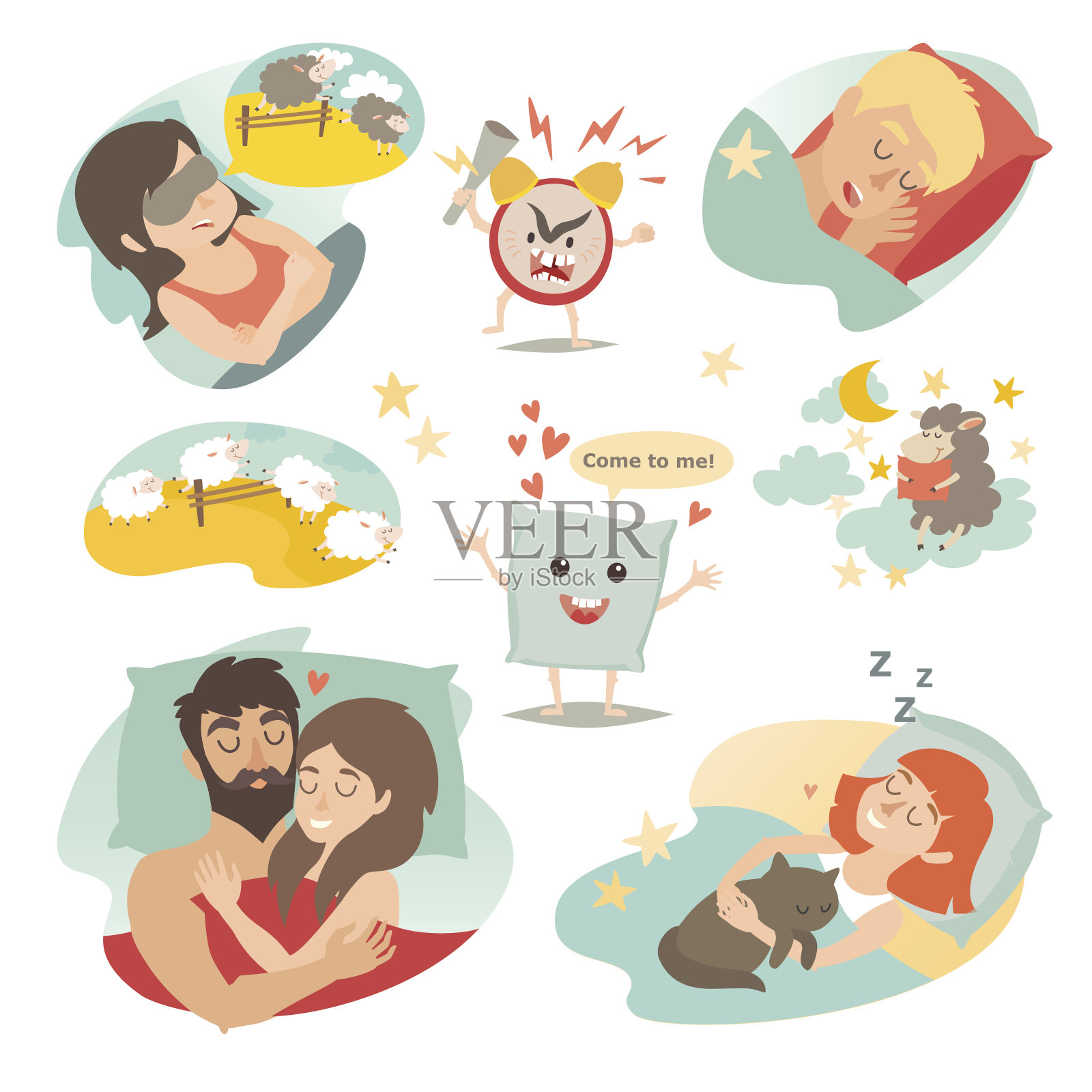 睡眠的设计理念。卡通闹钟，失眠，枕头插画图片素材
