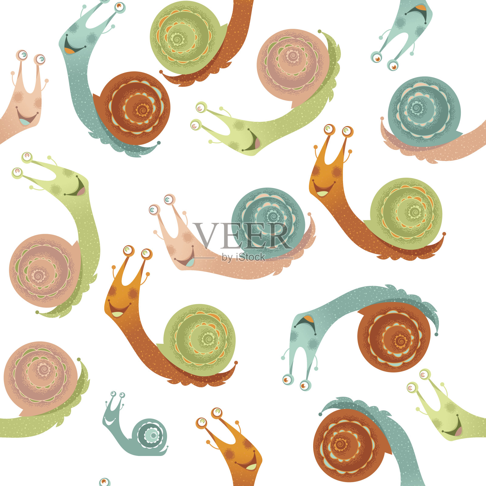 五彩缤纷的花园蜗牛。无缝的背景图案。插画图片素材
