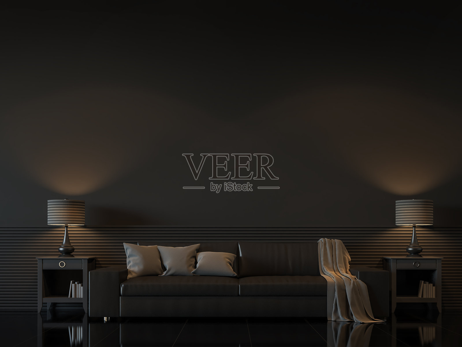 现代客厅内饰以黑色简约风格的3d渲染图像照片摄影图片