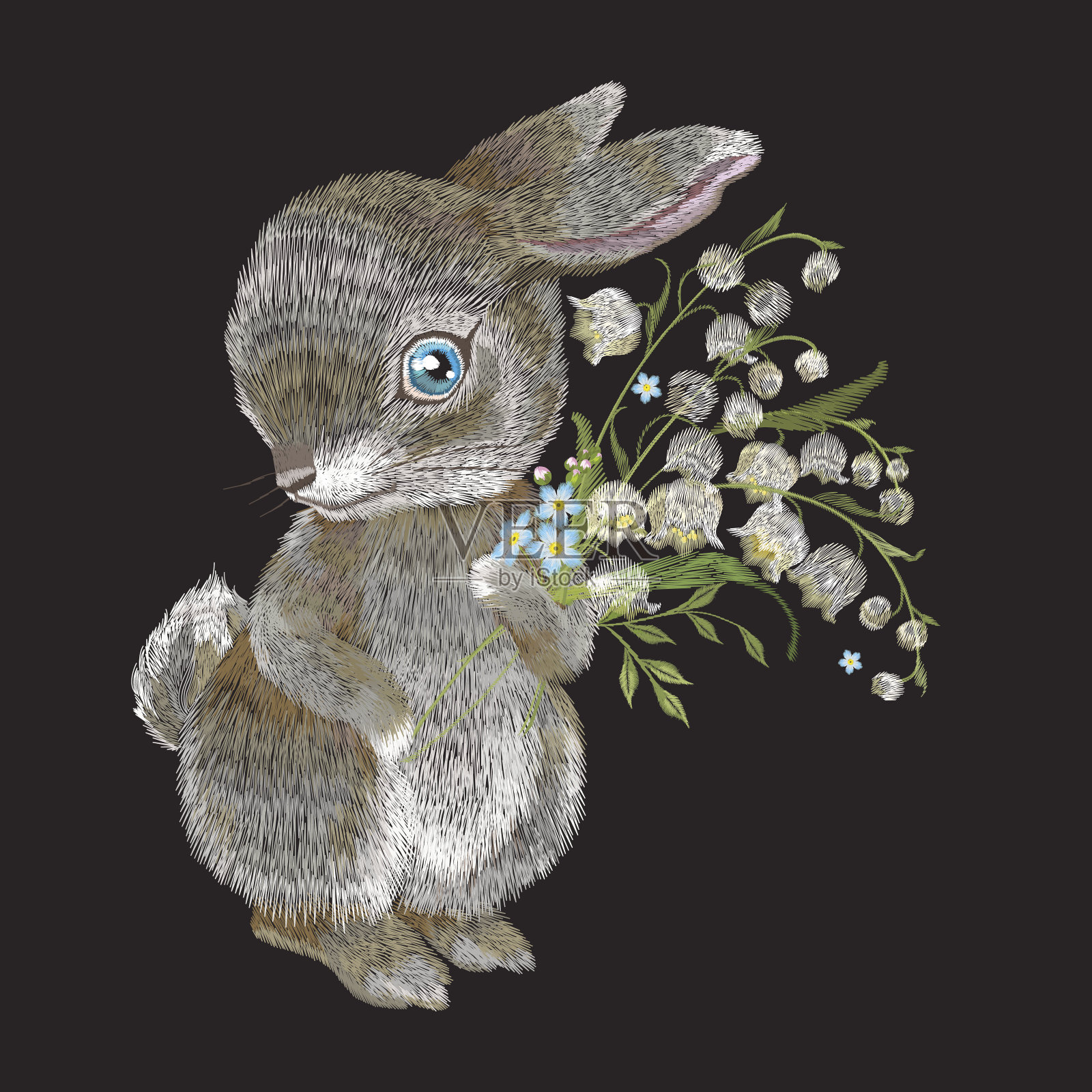 用一束铃兰刺绣兔子。插画图片素材