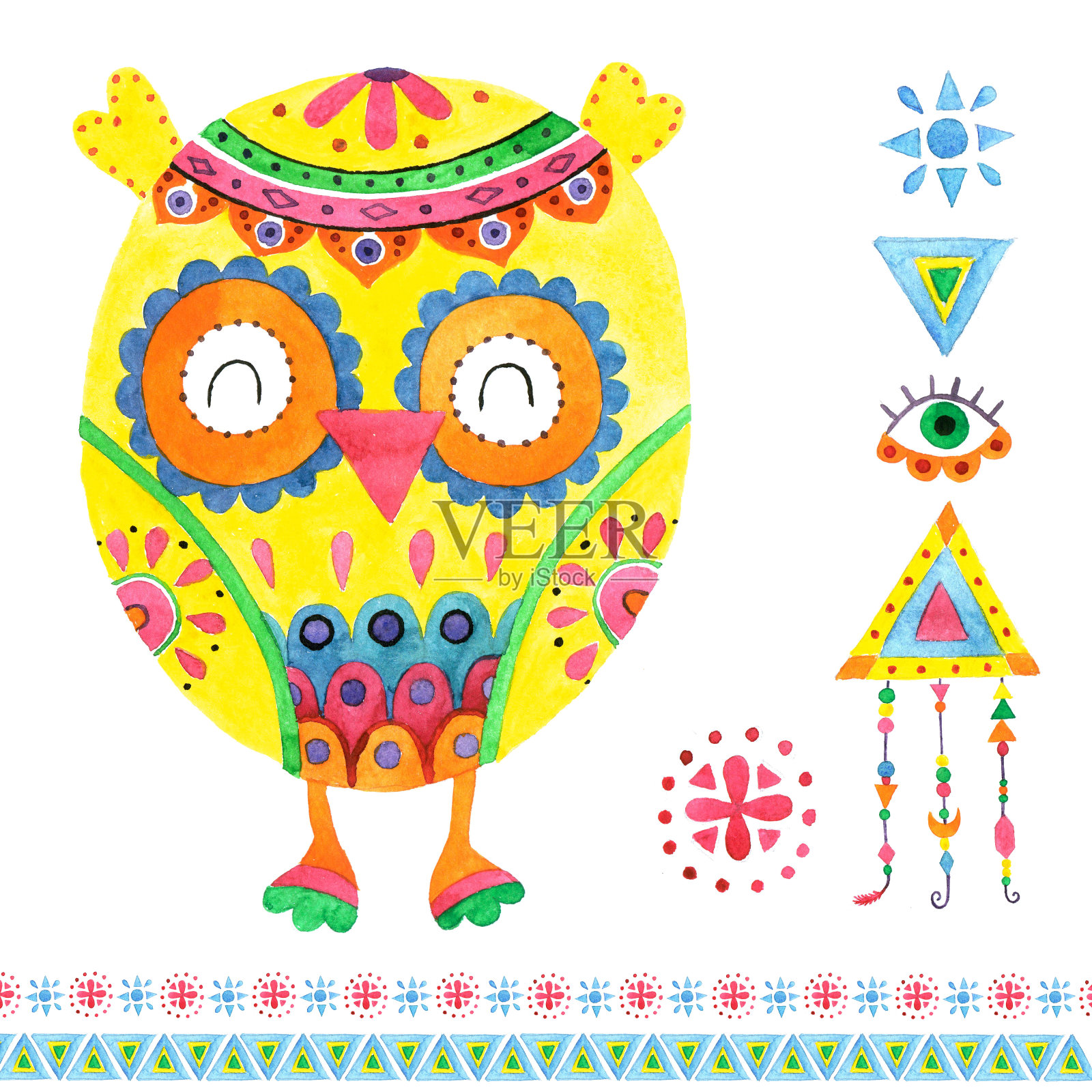 水彩猫头鹰图案和元素。插画图片素材