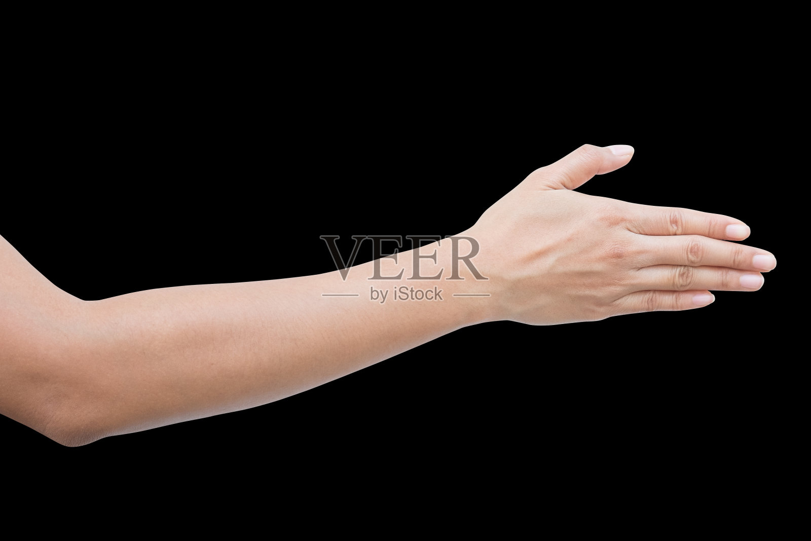 一个女人想伸手去抓东西的右手。舞、触摸信号。伸出左手。孤立在黑色背景上照片摄影图片
