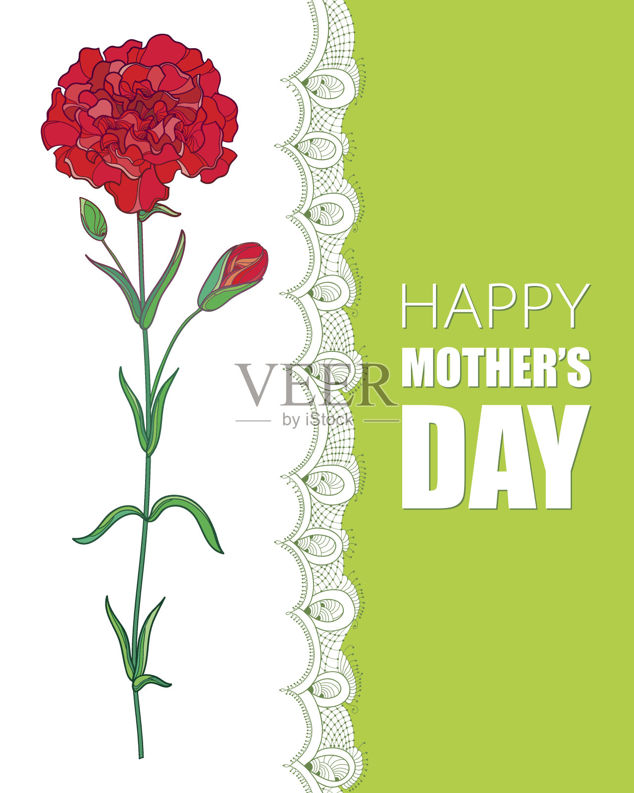 母亲节贺卡与红色康乃馨花和装饰花边。设计模板素材