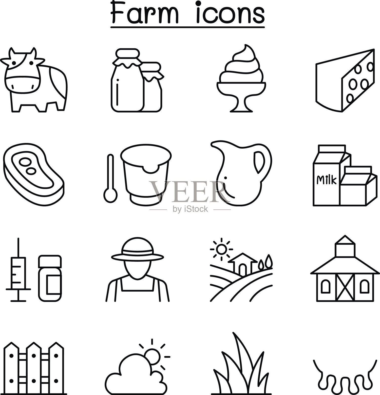 农场图标设置在细线风格图标素材